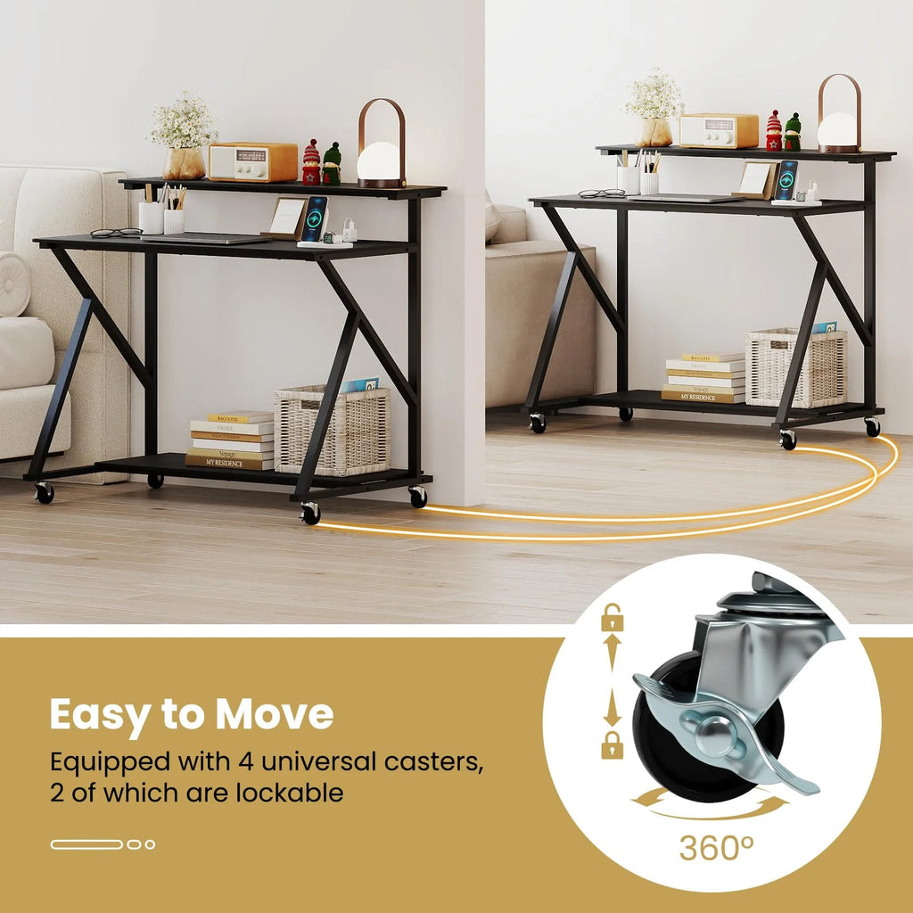 Tangkula 39.5" Mobile Computer Desk with Power Outlets for Home Office Bedroom