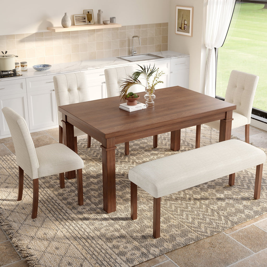 Euroco 6 - Piece Wood Dining Table Set for 6, Modern Rectangular Kitchen Table with 4 Upholstered Chairs & Bench for Kitchen Dining Room, Walnut