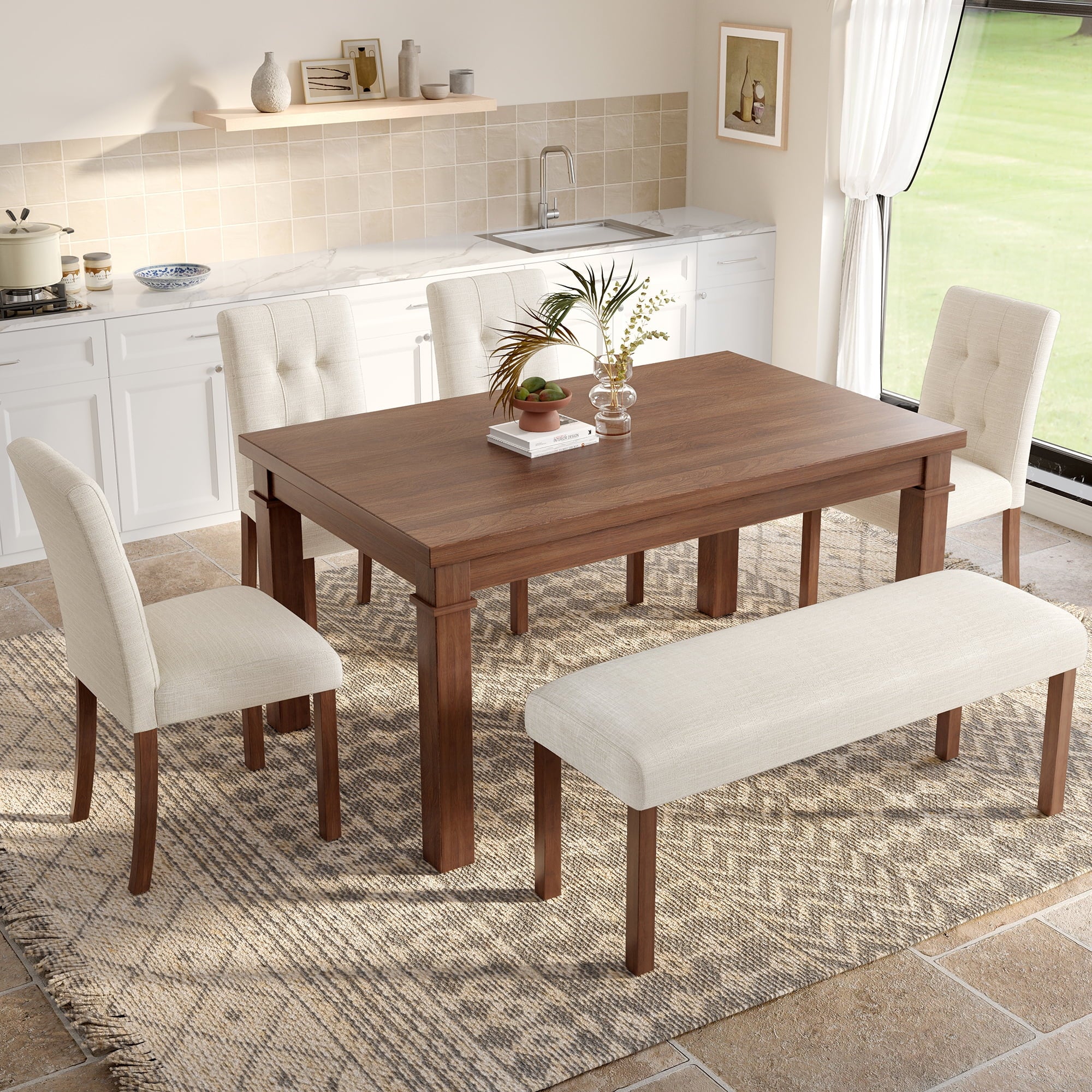 Euroco 6 - Piece Wood Dining Table Set for 6, Modern Rectangular Kitchen Table with 4 Upholstered Chairs & Bench for Kitchen Dining Room, Walnut