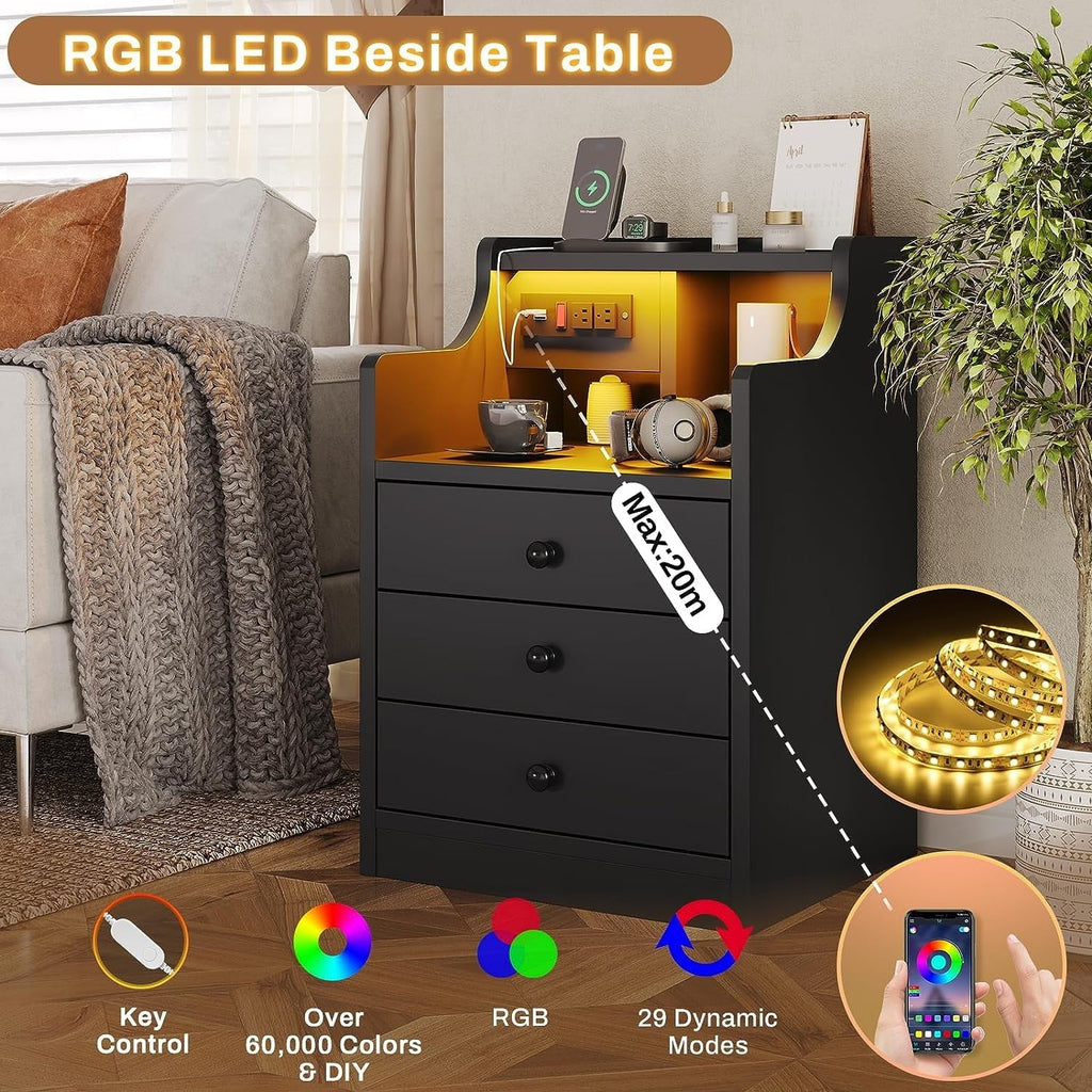 Nightstand with 3 Drawers and Shelves, Night Stand with LED Lights and USB Port Charging Station, LED Bedside Table with Hutch, Black
