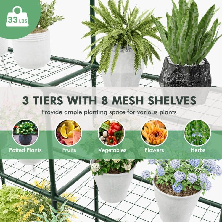 Portable Mini Walk-in Greenhouse with 3 Tiers 8 Shelves, PVC Cover, Roll-Up Zippered Door & Heavy-Duty Metal Frame for Indoor Outdoor Garden Yard