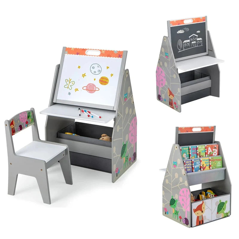 3-in-1 Kids Art Easel with Chair, Wooden Toddler Easel Table & Chair Set w/ Double-Sided Magnetic Whiteboard & Chalkboard, Bookshelf, Storage