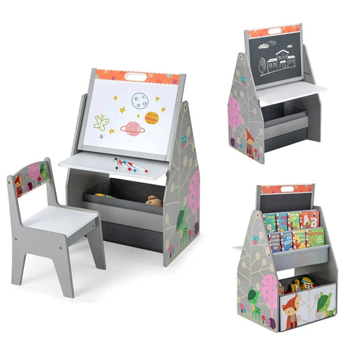 3-in-1 Kids Art Easel with Chair, Wooden Toddler Easel Table & Chair Set w/ Double-Sided Magnetic Whiteboard & Chalkboard, Bookshelf, Storage