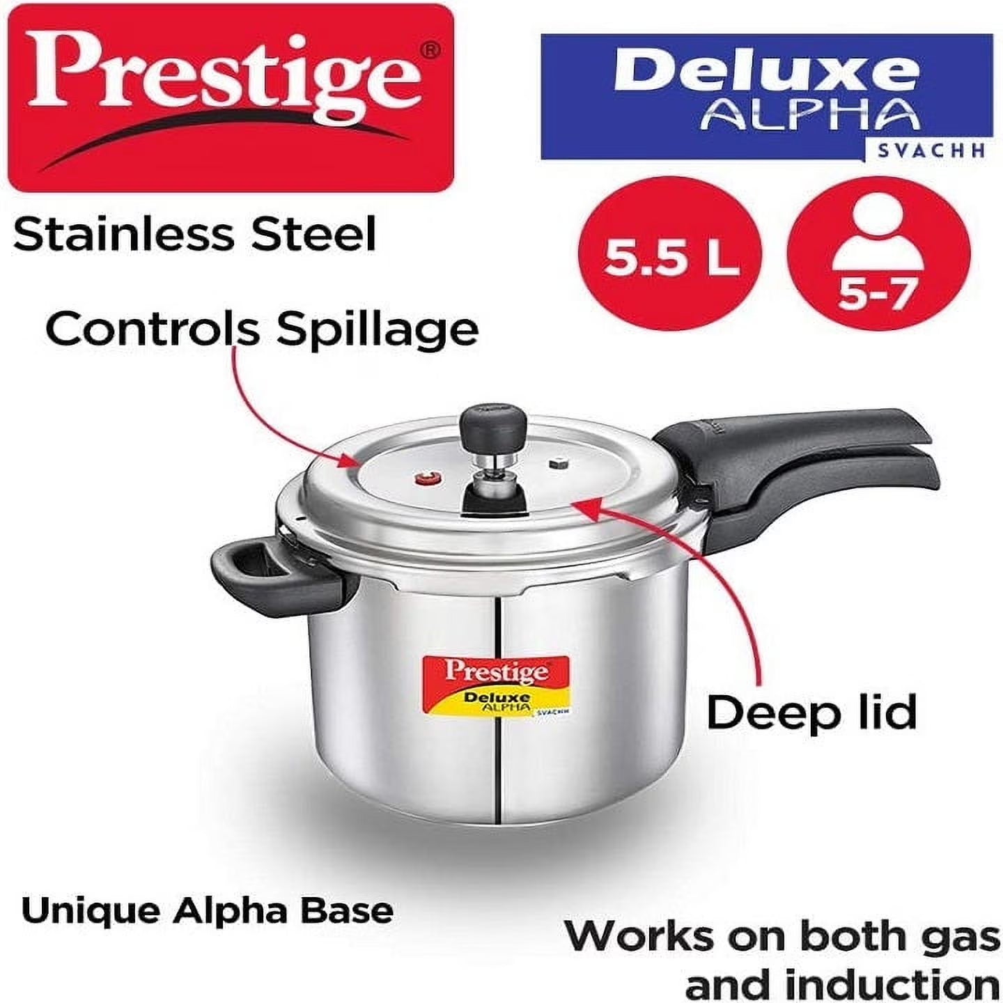 Prestige Deluxe Alpha Svachh 5.5 L Stainless Steel Pressure Cooker