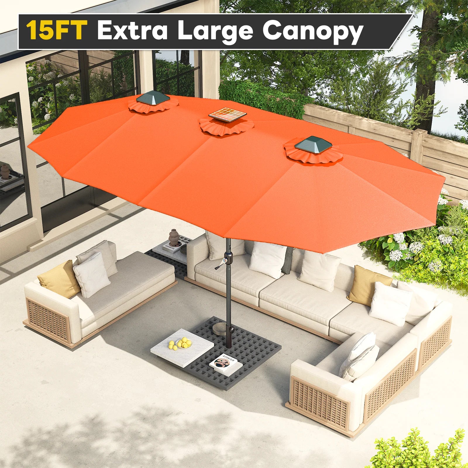 AECOJOY 15ft Patio Double-Sided Umbrella, 156 PCS Solar LED Light Outdoor Large Umbrella, Orange