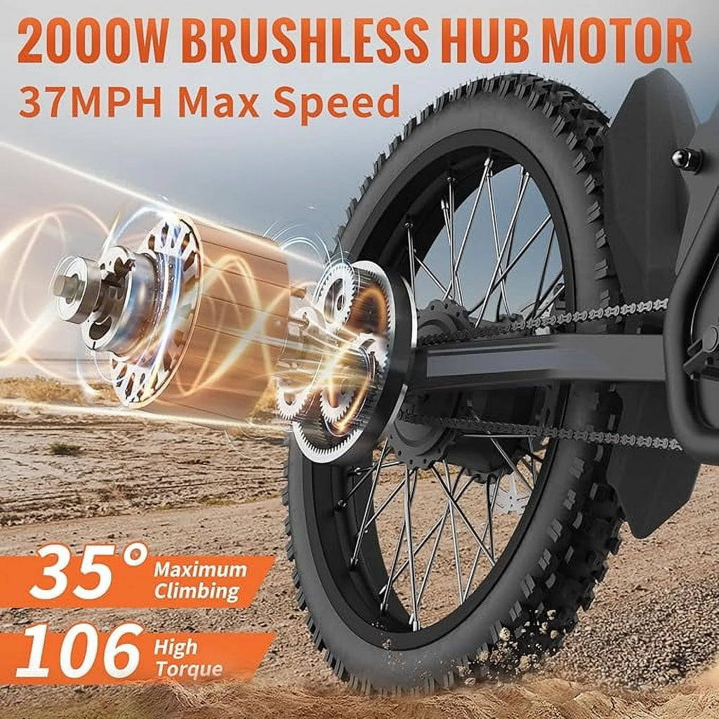 2000W Electric Dirt Bike for Adults Ridingtimes GT73 UL2849, Brushless Hub Motor, 18.2ah*2 Electric Bike with 25" Tires Digital Screen Carbon Steel, Black