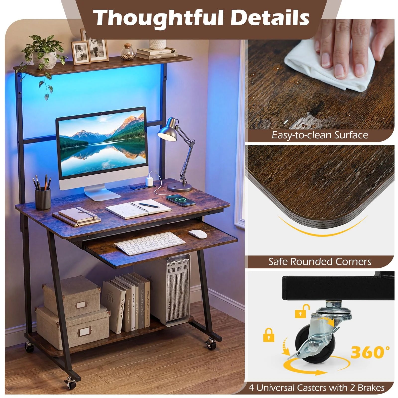 Tangkula Rolling Computer Desk Cart with Keyboard Tray & Charging Station