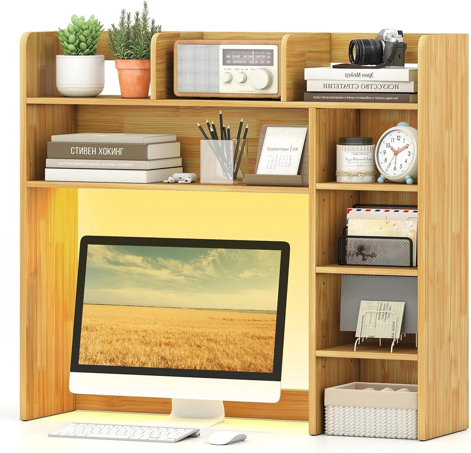 Tangkula Desktop Bookshelf with LED Lights | Desk Hutch with 8 Shelves for Max 25" Monitor