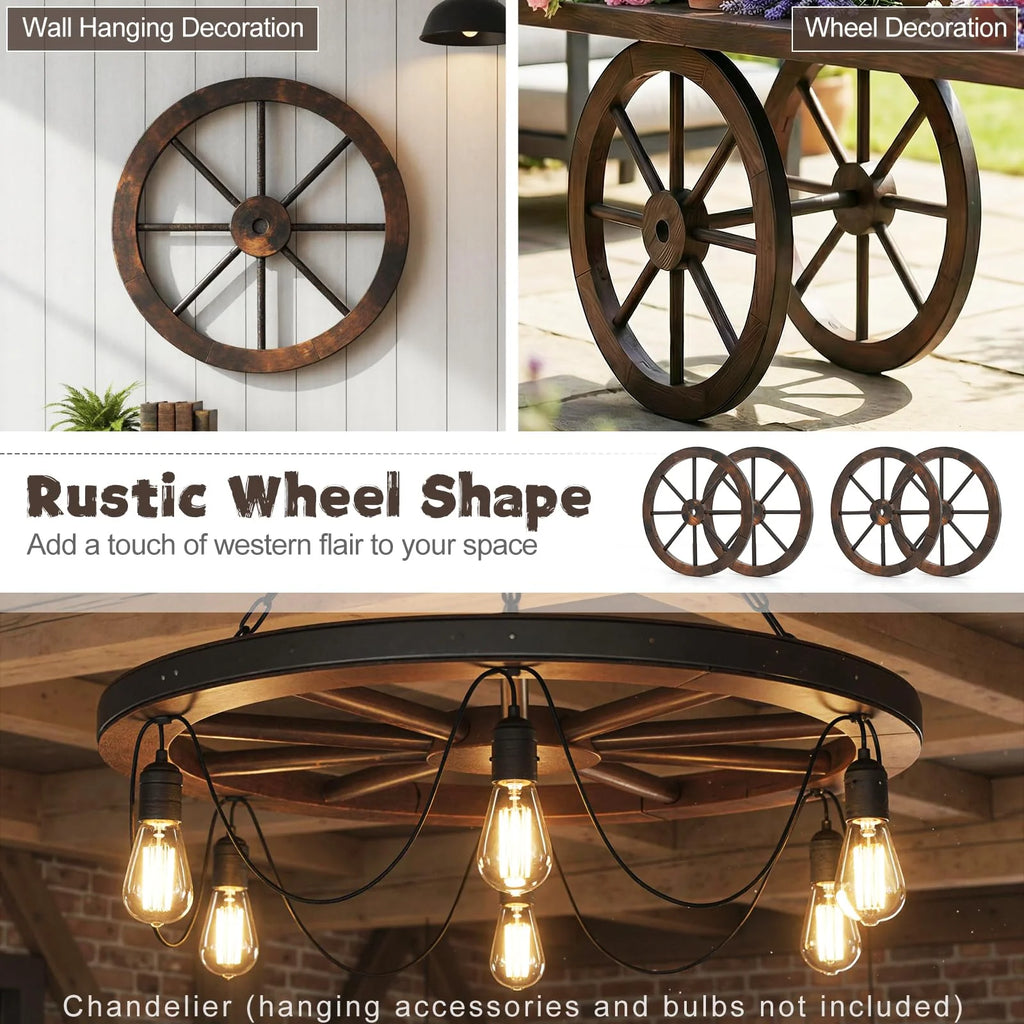 Tangkula 24 Inch Set of 2/4 Decorative Wooden Wagon Wheel Carbonized Solid Fir Wood