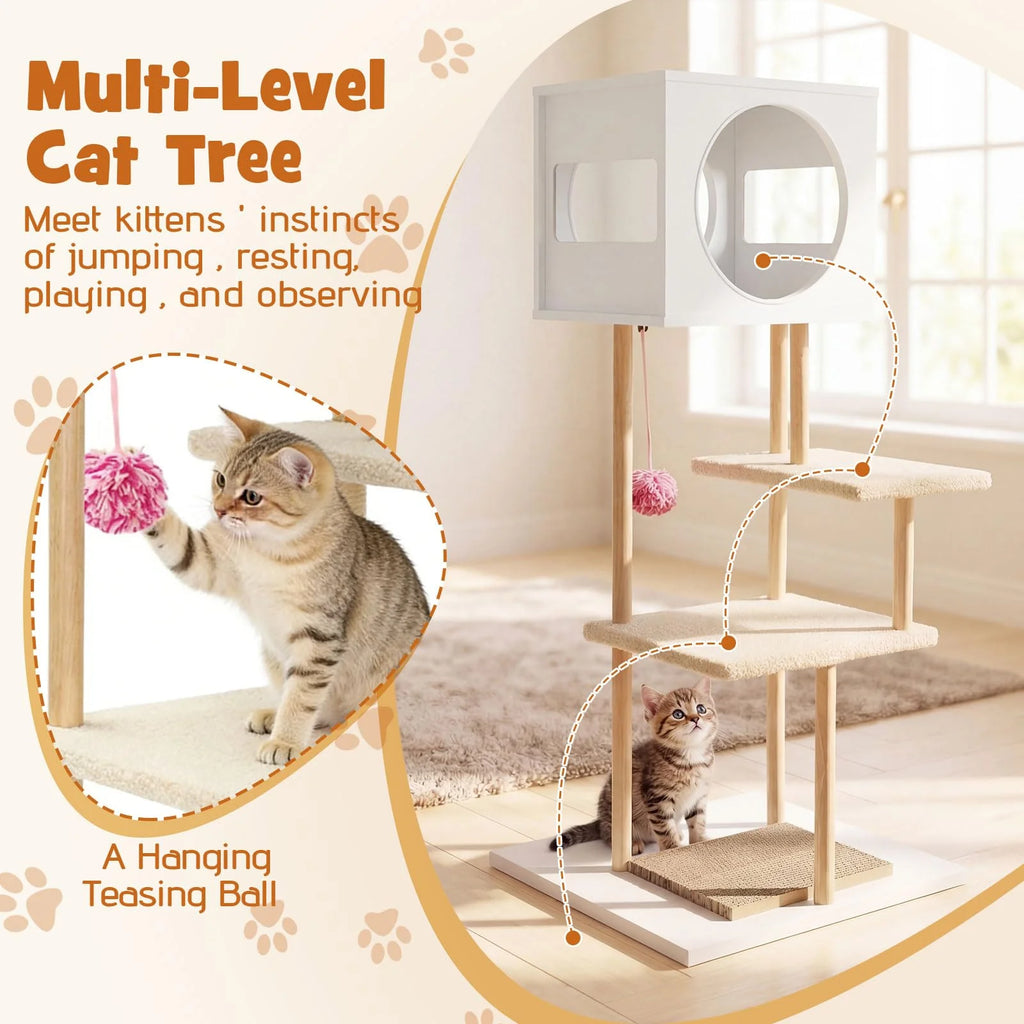 Tangkula 40 Inches Minimalist Wood Cat Tower with Rubber Wood Posts