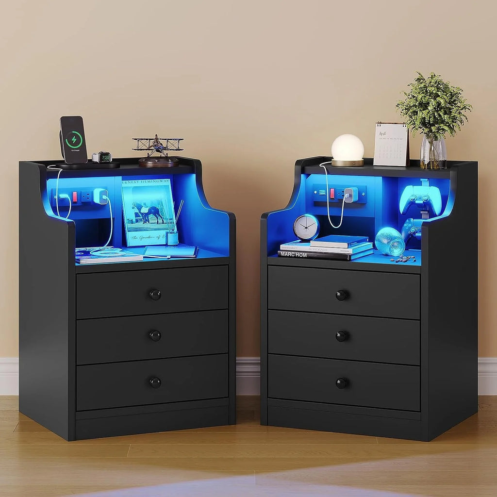 Nightstand with 3 Drawers and Shelves, Night Stand with LED Lights and USB Port Charging Station, LED Bedside Table with Hutch, Black
