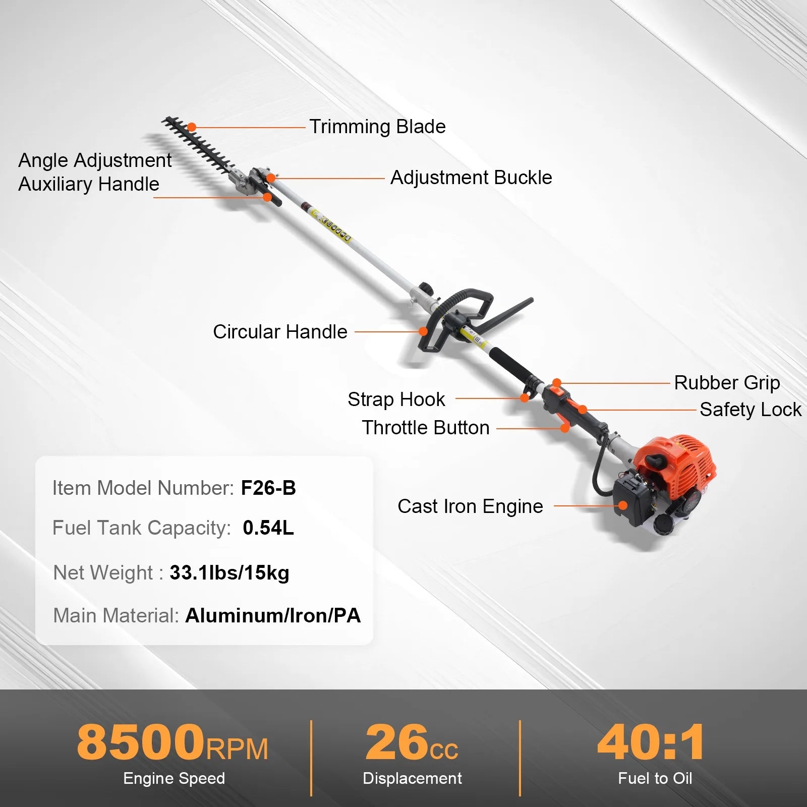 VEVOR 26CC 5 - in - 1 Multi - Functional Trimming Tools, Gas Hedge Trimmer, Weed Eater, String Trimmer, Edger, Pole Saw Chainsaw Pruner with Extension Pole