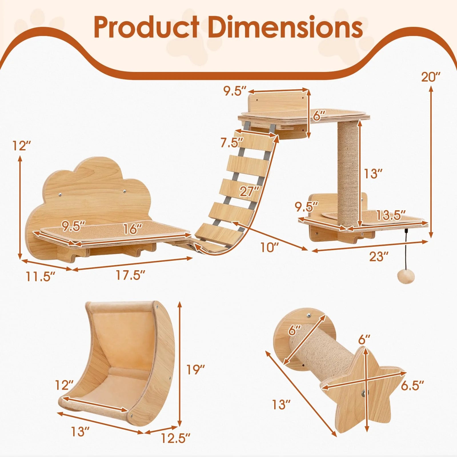Tangkula Cat Wall Furniture Set Kitten Wall Mounted Shelves with Hammock