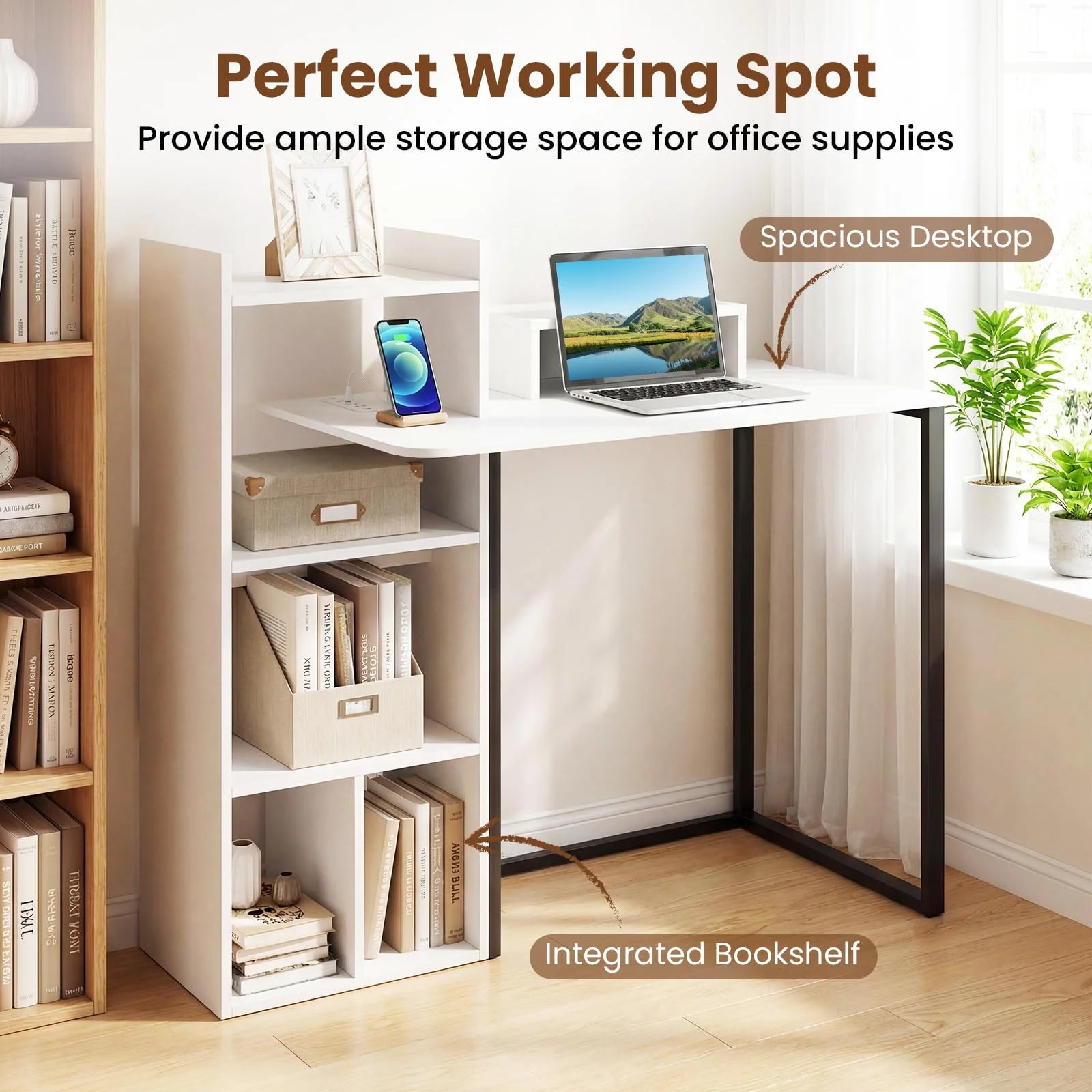 Tangkula 43.5" Study Desk with Ergonomic Monitor Stand & Storage Shelves