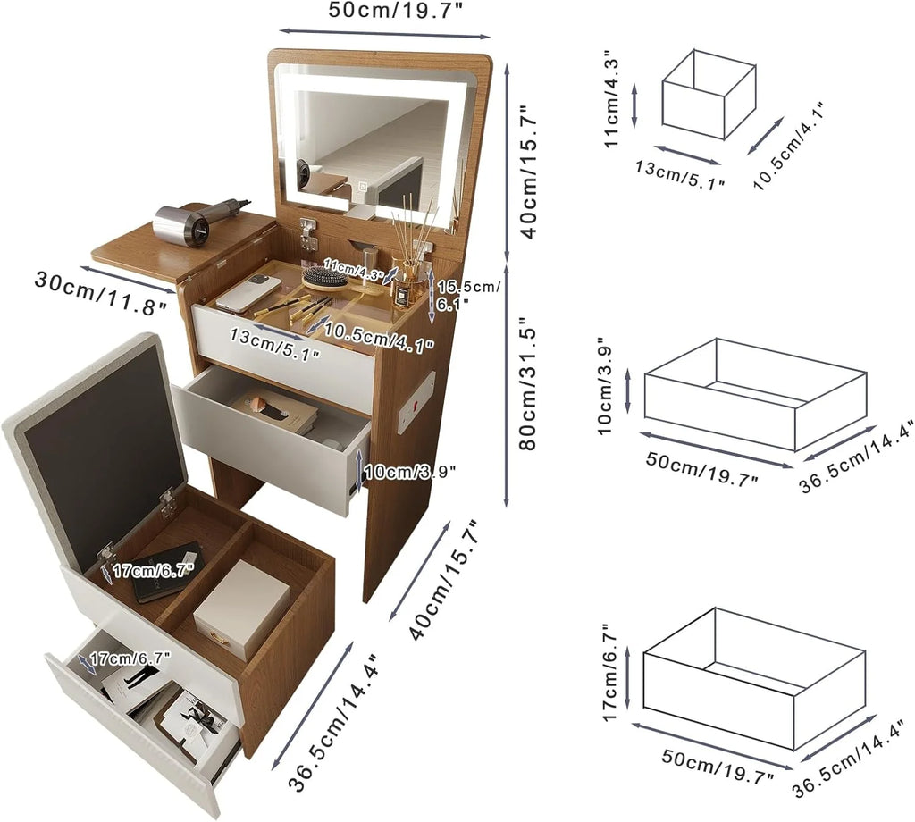 Vanity Desk with Flip Top Lighted Mirror, Compact Makeup Table with Storage Stool, Integrated Vanity with Drawers, 3 - in - 1 Vanity Set, Small Dressing Desk for Bedroom