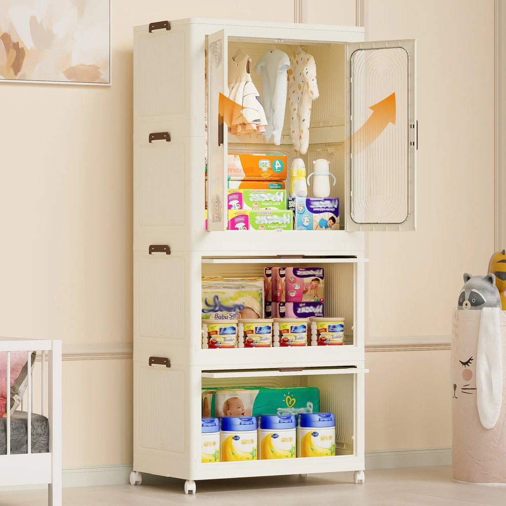 Montary Kids Portable Wardrobe W/ Magnetic Doors & Hanging Rod - 4 - Cube Plastic Storage Cabinet, Nursery/Bedroom