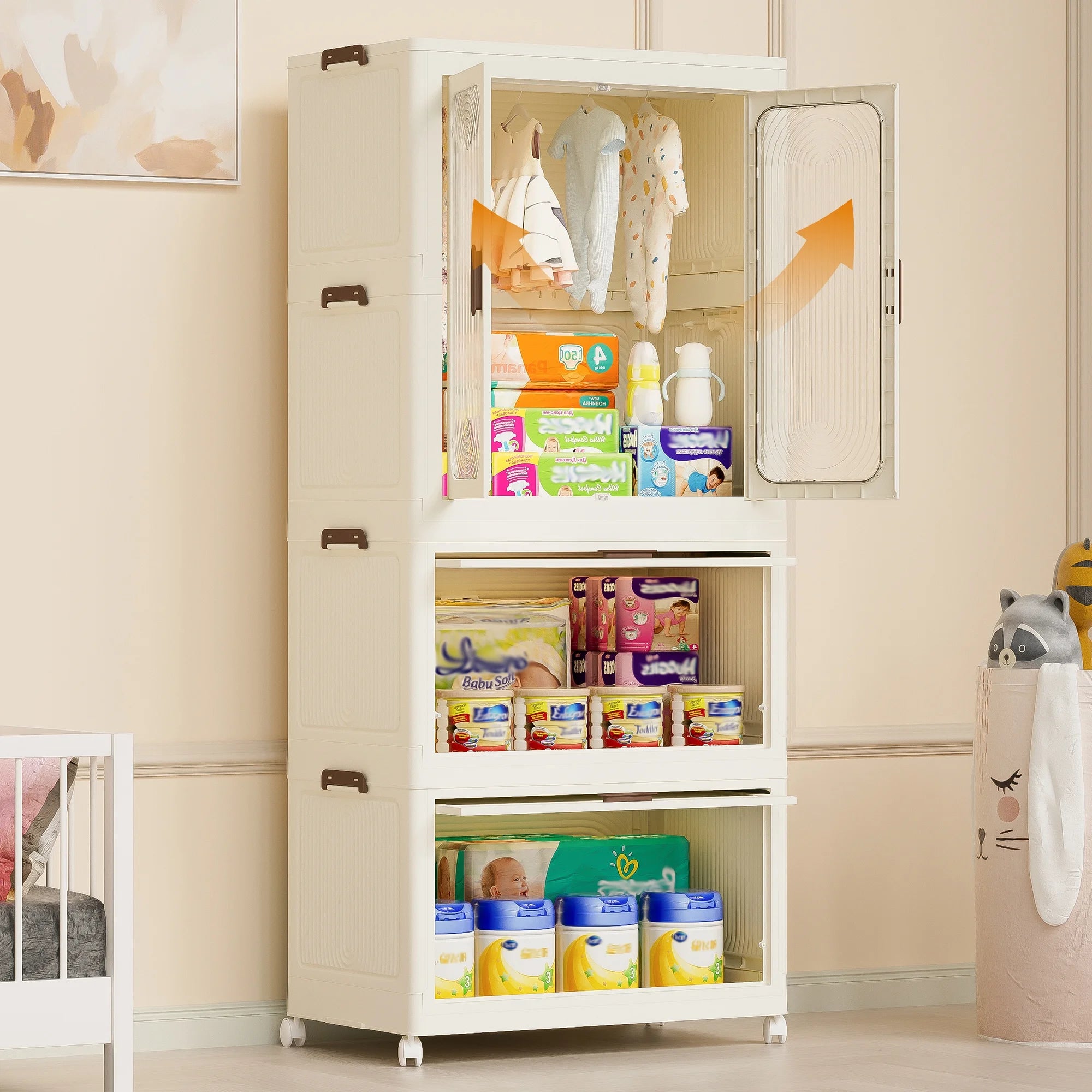 Montary Kids Portable Wardrobe W/ Magnetic Doors & Hanging Rod - 4 - Cube Plastic Storage Cabinet, Nursery/Bedroom
