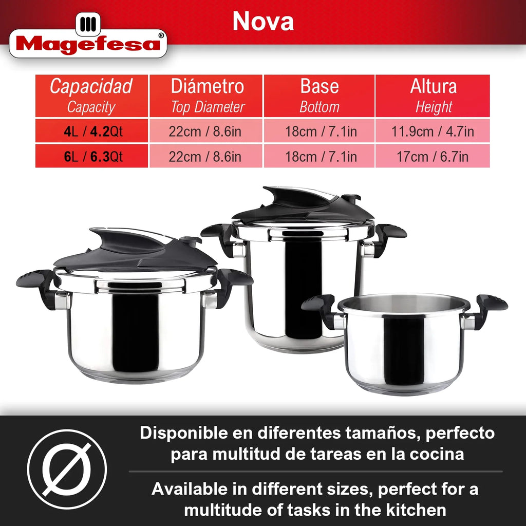 Magefesa Nova 4.2 Qt Stovetop Pressure Cooker �?fast Cooking, Easy Locking, 18/10 Stainless Steel, Induction Compatible, 5 Safety Features, 11.6 PSI