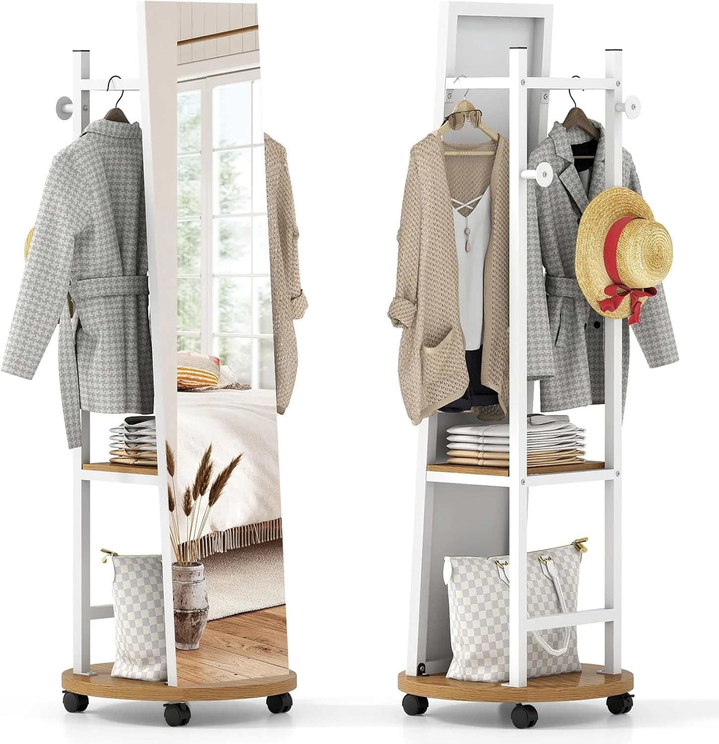 Tangkula Full Length Mirror with Coat Rack Swivel 55" Standing Floor Mirror on Wheels with Shelves