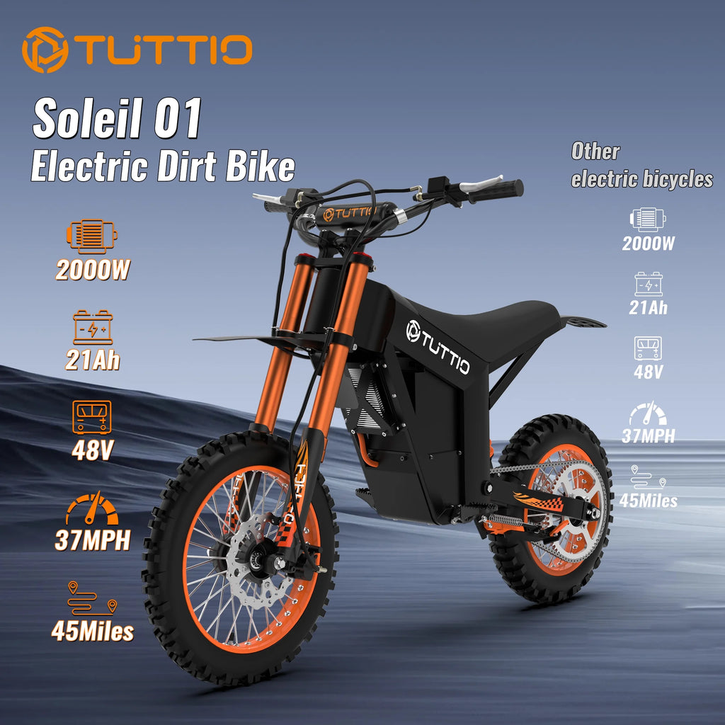 TUTTIO Soleil01 Adult Electric Dirt Bike (with Branded Helmet), 2000W, 48V 21ah Battery, 37mph Full Suspension Mountain E - Bike, 200nm Torque All - Terrain Electric Motorcycle
