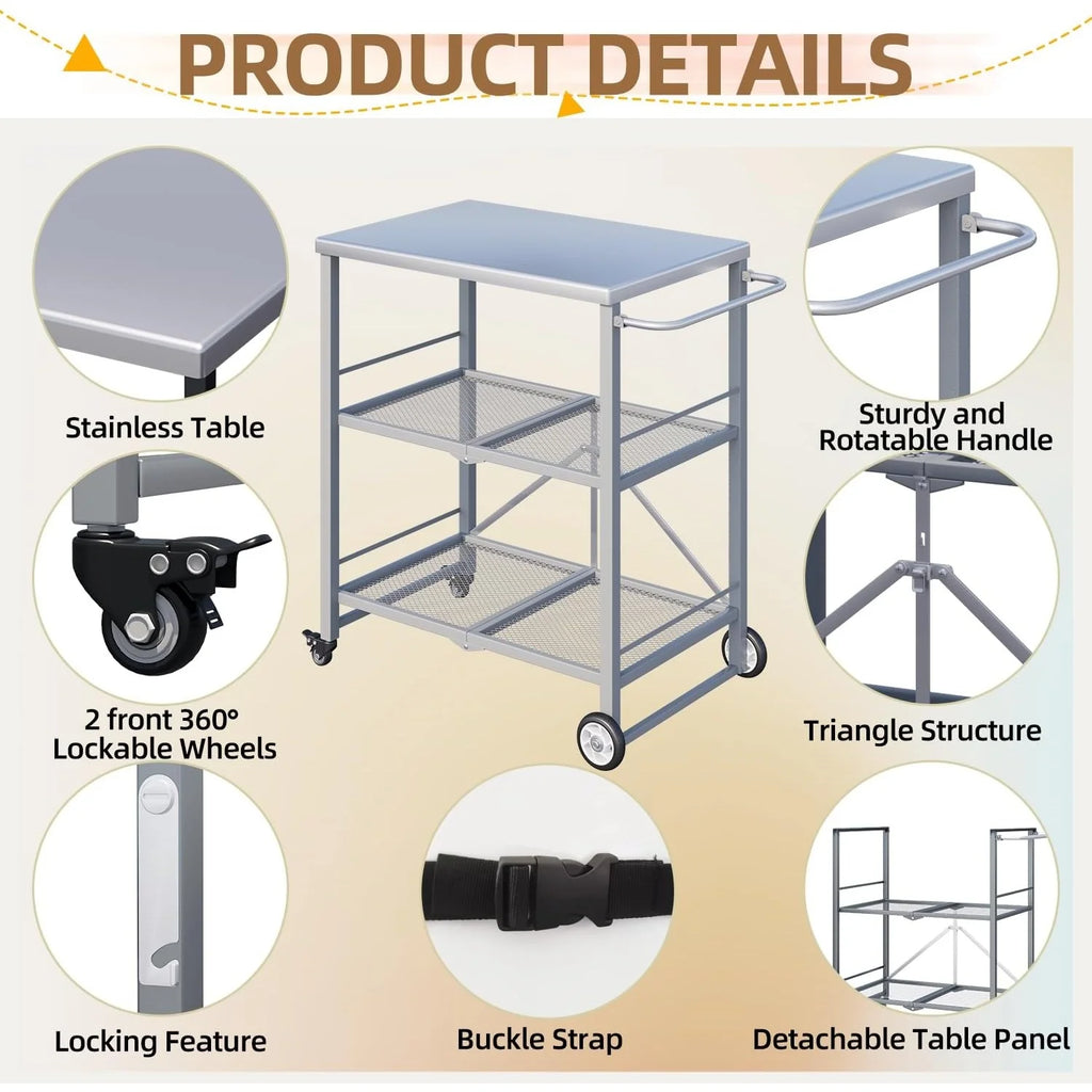 AECOJOY Outdoor Grill Cart Table, Stainless Steel Pizza Oven Stand Trolley Table with Wheels & Handle, Grey