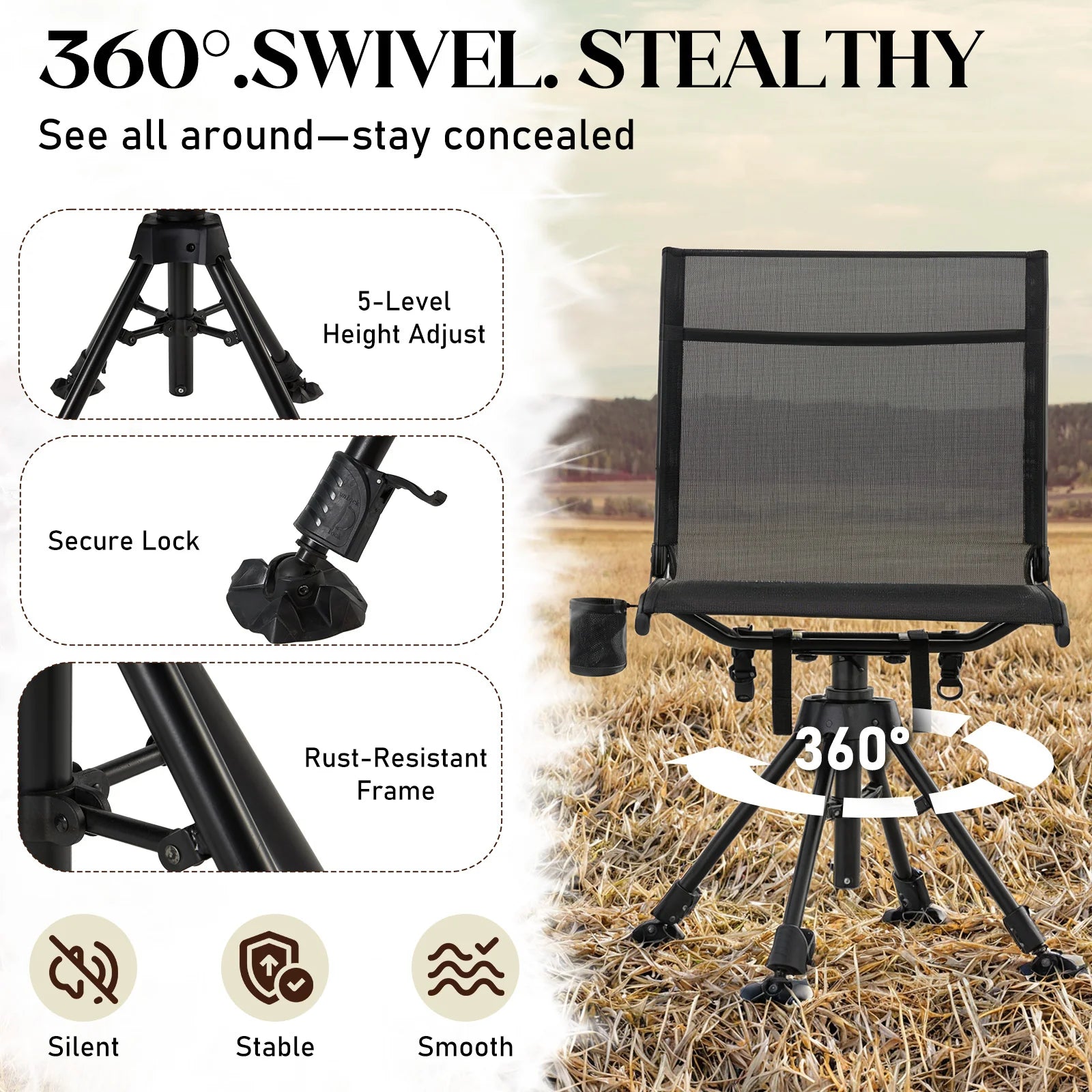 AECOJOY Hunting Chair Without Armrests, Lightweight Foldable Design, 360° Swivel for Blinds & Outdoor Use