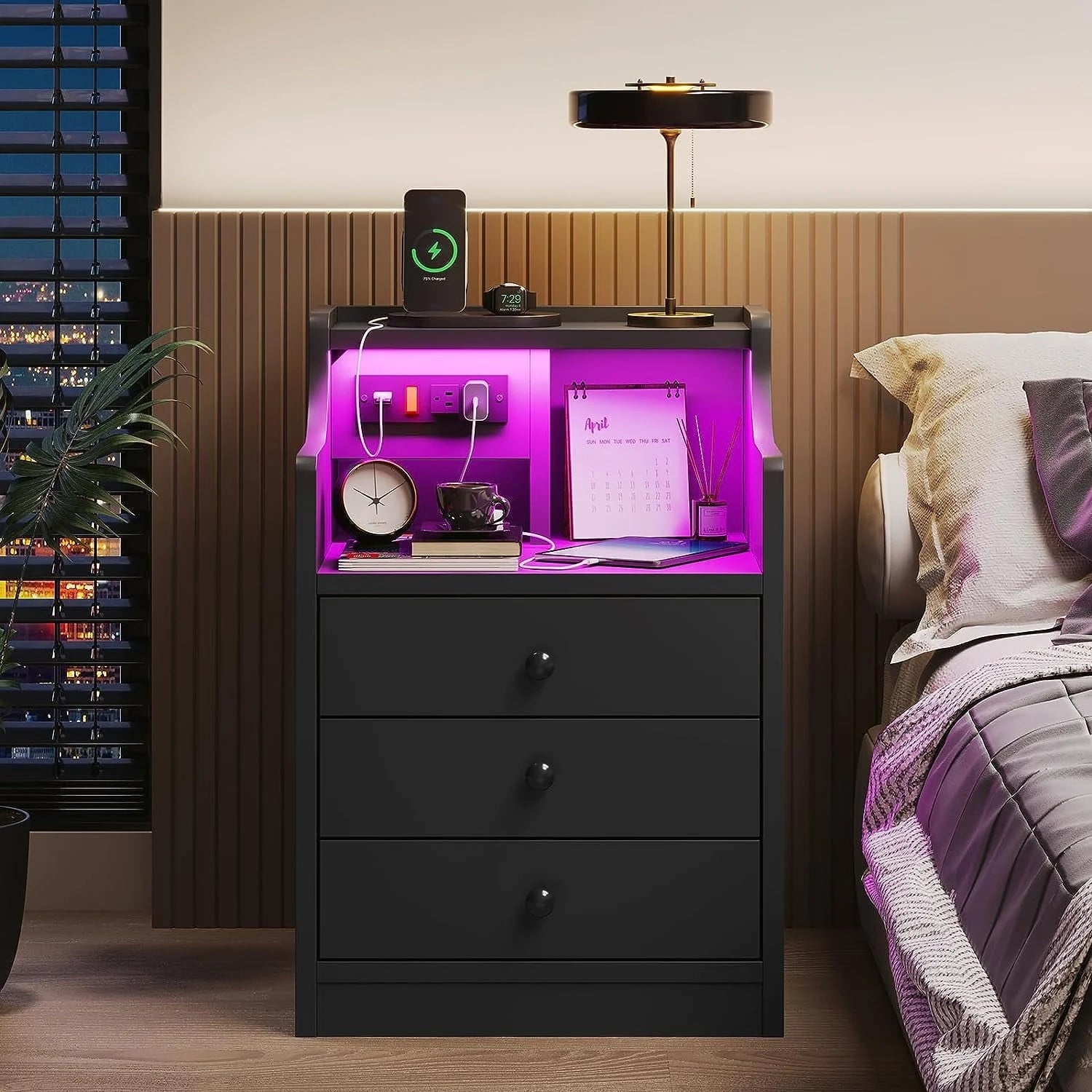 Nightstand with 3 Drawers and Shelves, Night Stand with LED Lights and USB Port Charging Station, LED Bedside Table with Hutch, Black