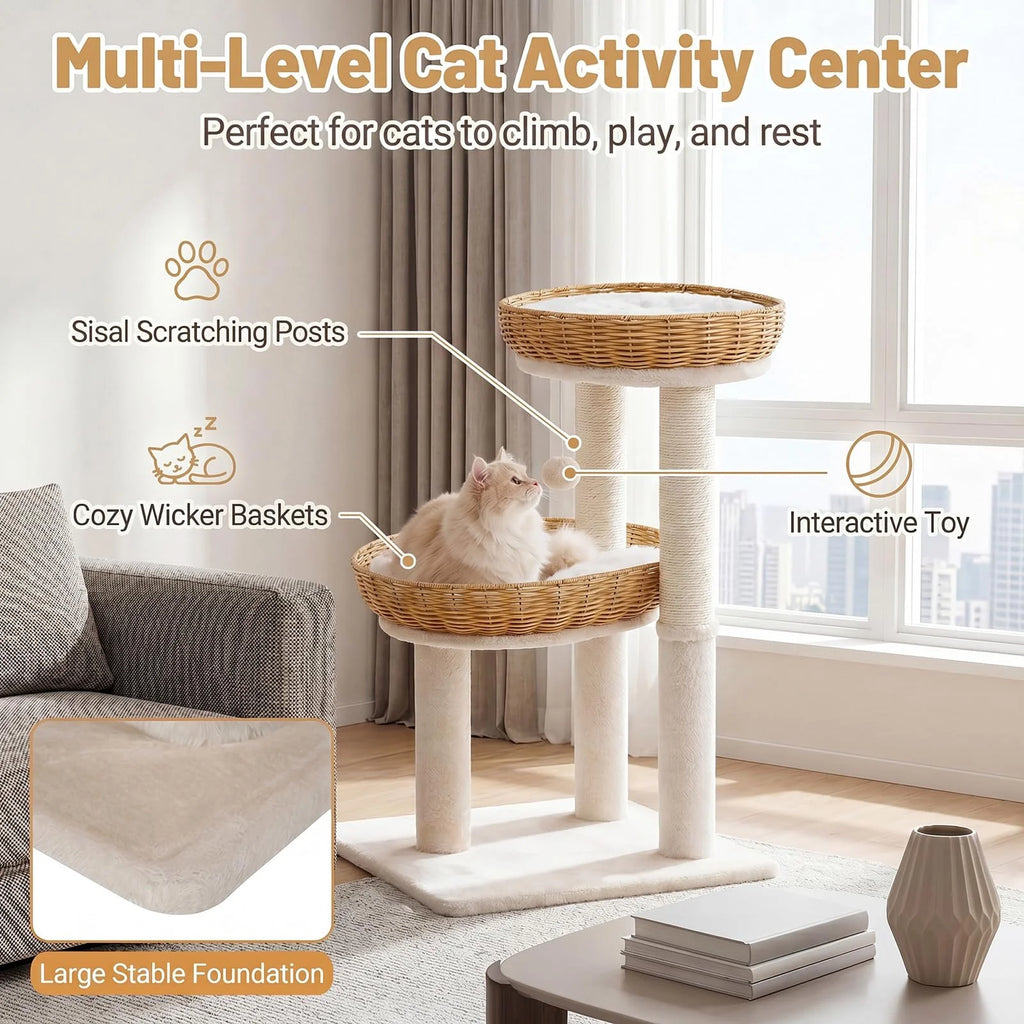 Tangkula 30 Inch Small Cat Tower with 2 Rattan Cat Baskets