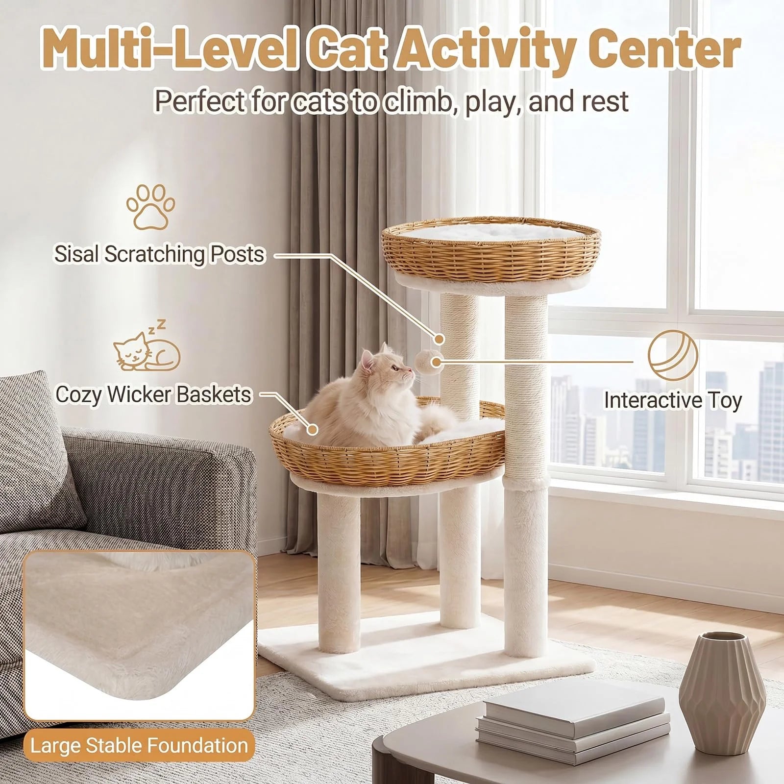 Tangkula 30 Inch Small Cat Tower with 2 Rattan Cat Baskets