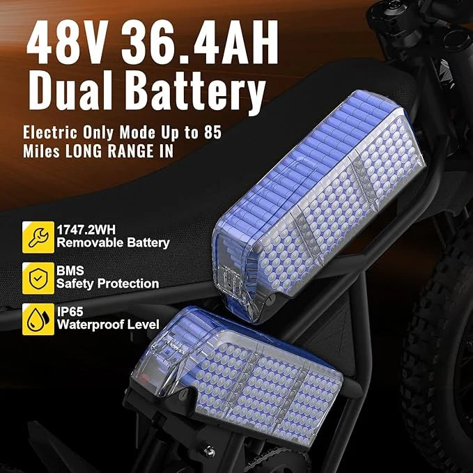 Riding'Times GT73 Electric Dirt Bike for Adults 2400W 48V 37MPH 36.4AH Dual Battery 85 Miles Range 25" Tires UL2849 Full Suspension