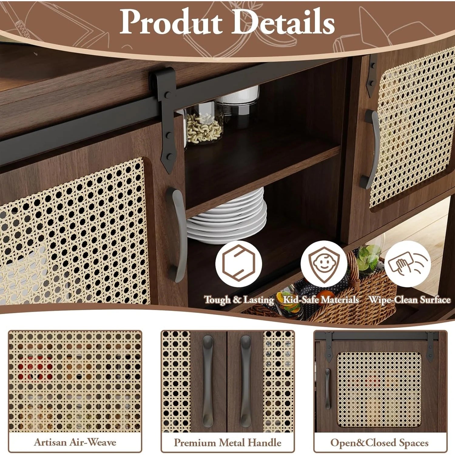 AECOJOY Buffet Cabinet, Coffee Bar Storage Cabinet, 46'' Coffee Bar Table with Rattan Sliding Barn Door, Adjustable Shelves and Bottom Open Shelf