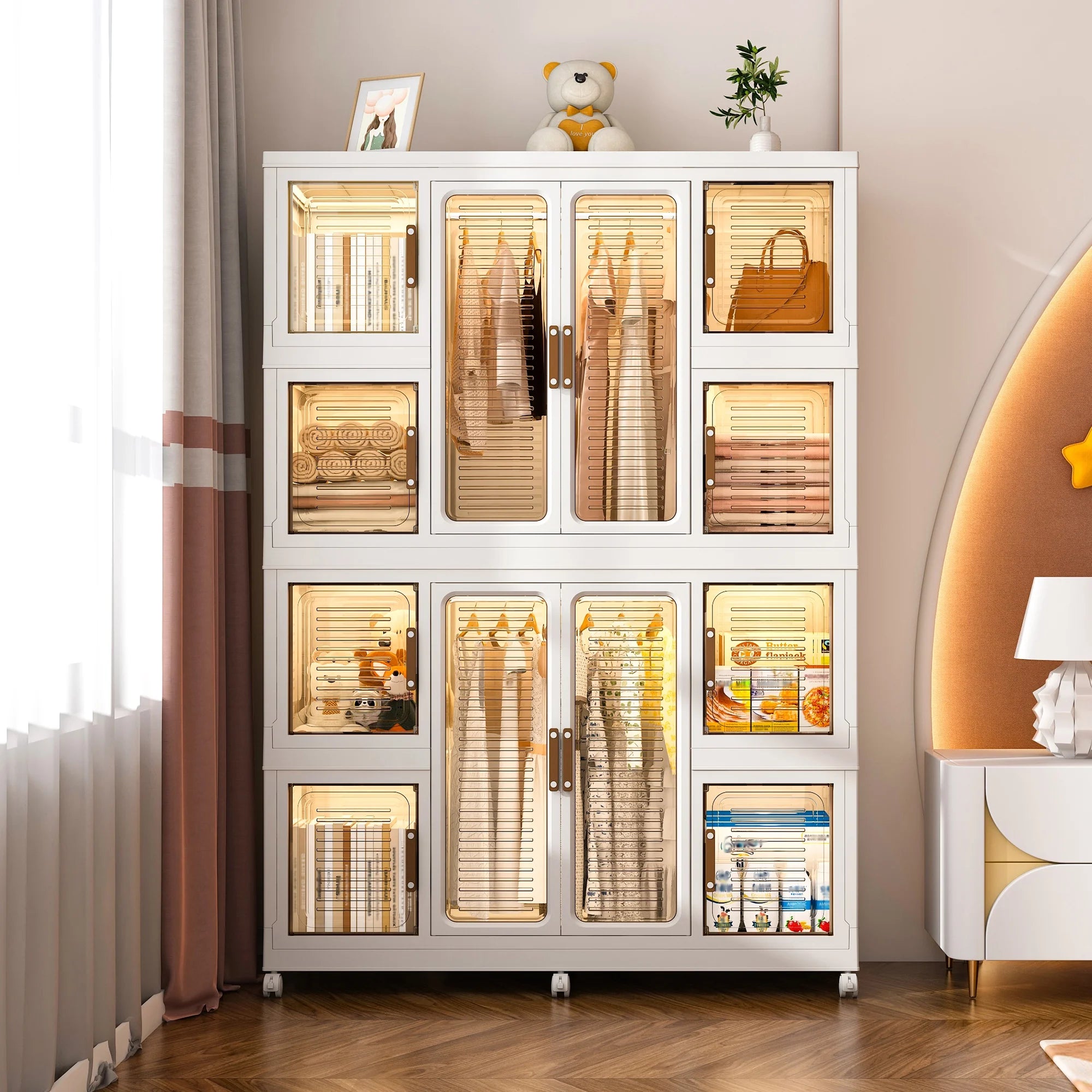 Montary Kids Portable Wardrobe W/ Magnetic Doors & Hanging Rod - 4 - Cube Plastic Storage Cabinet, Nursery/Bedroom