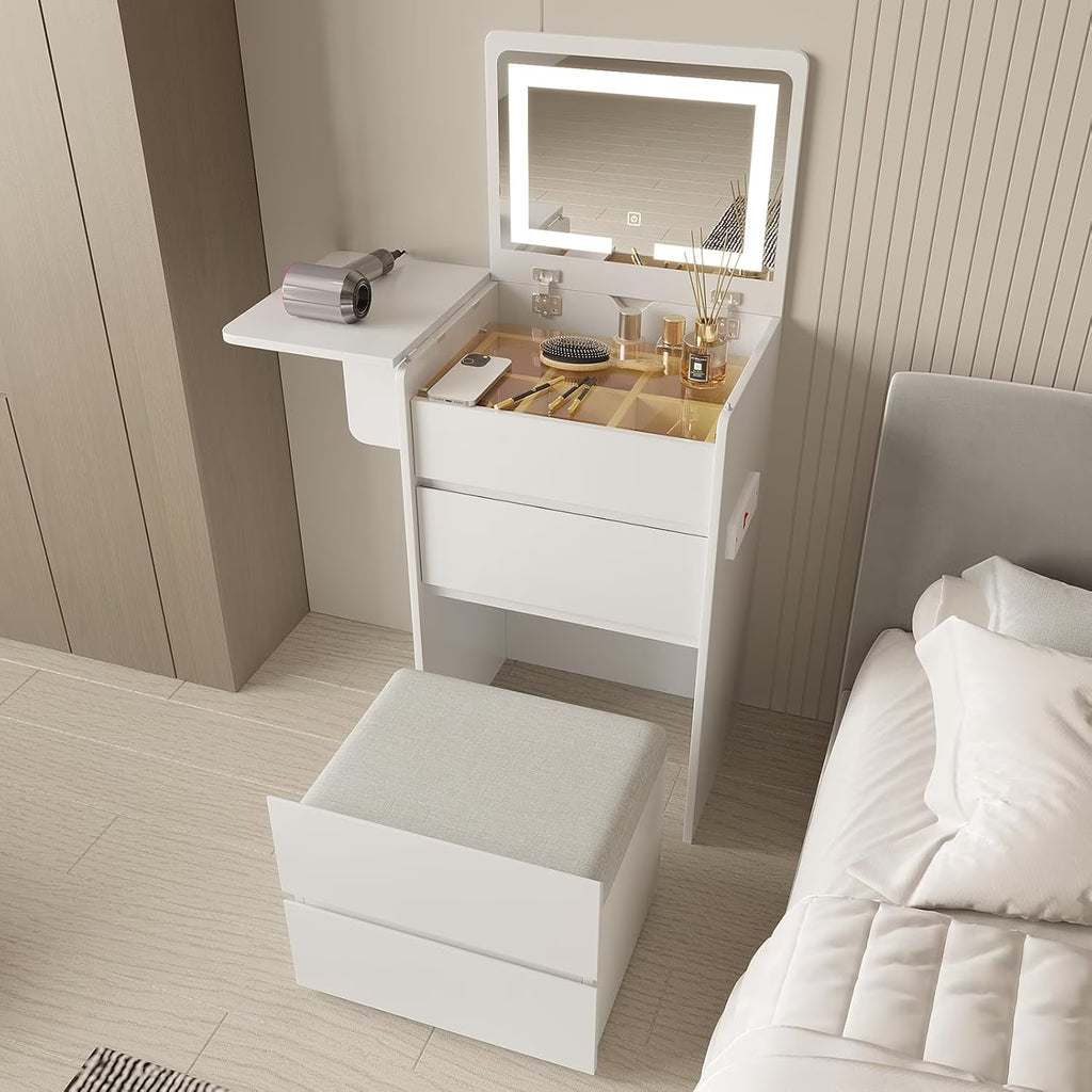 Vanity Desk with Flip Top Lighted Mirror, Compact Makeup Table with Storage Stool, Integrated Vanity with Drawers, 3 - in - 1 Vanity Set, Small Dressing Desk for Bedroom