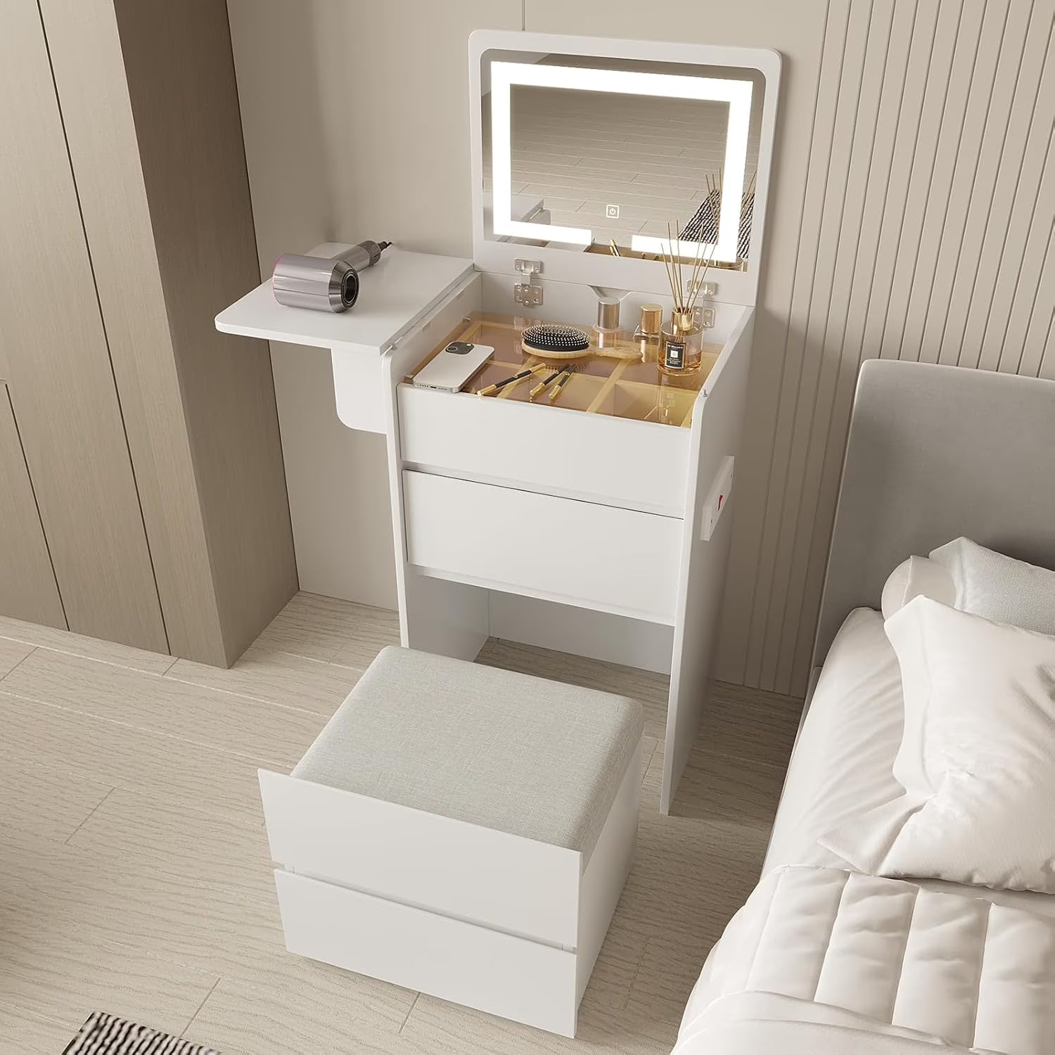 Vanity Desk with Flip Top Lighted Mirror, Compact Makeup Table with Storage Stool, Integrated Vanity with Drawers, 3 - in - 1 Vanity Set, Small Dressing Desk for Bedroom