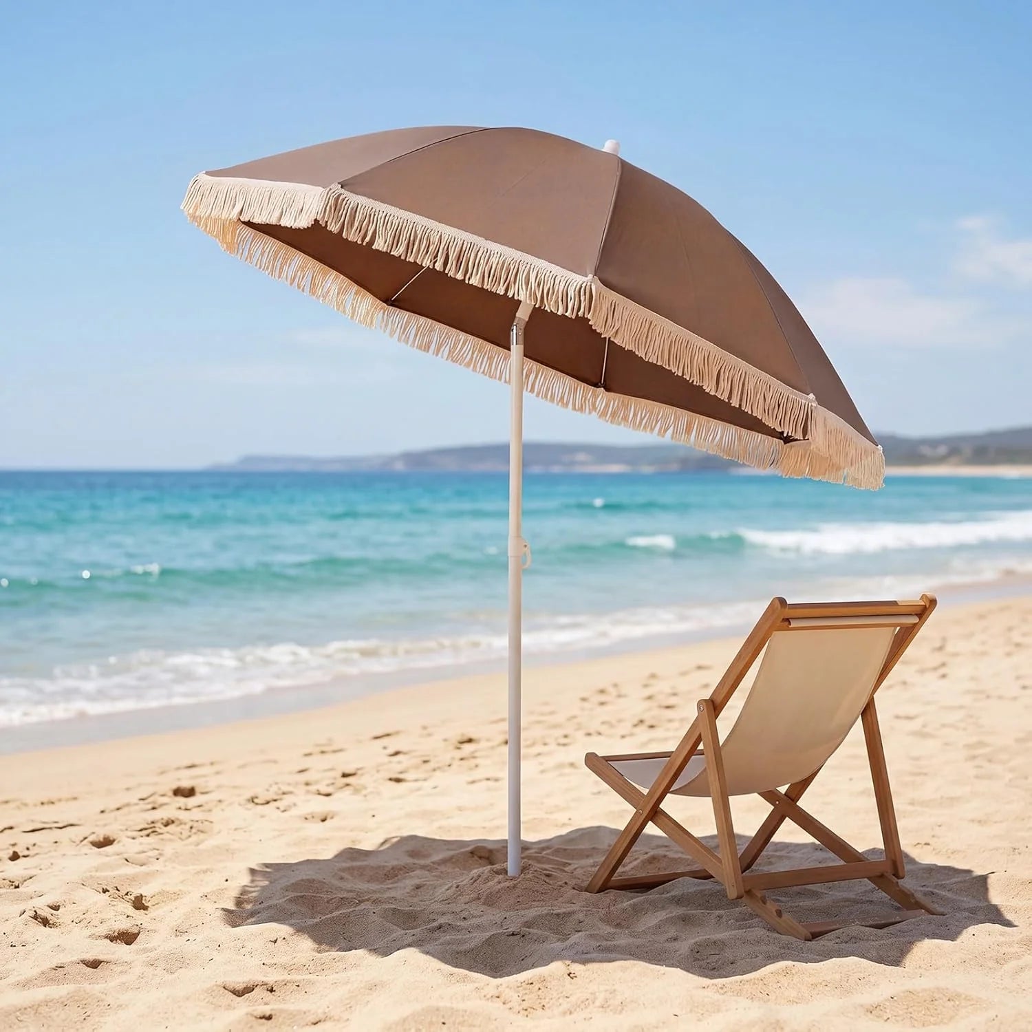 Tangkula 7FT Beach Umbrella with Fringe & Sand Anchor