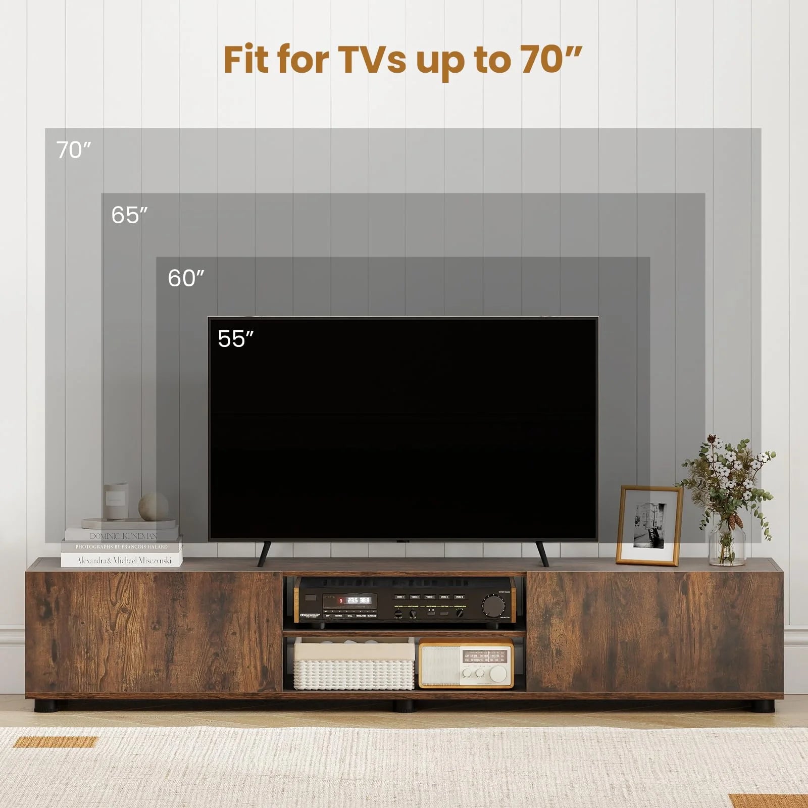 Tangkula Modern TV Stand 63”L Minimalist Entertainment Center w/ 2 Doors & Open Shelves
