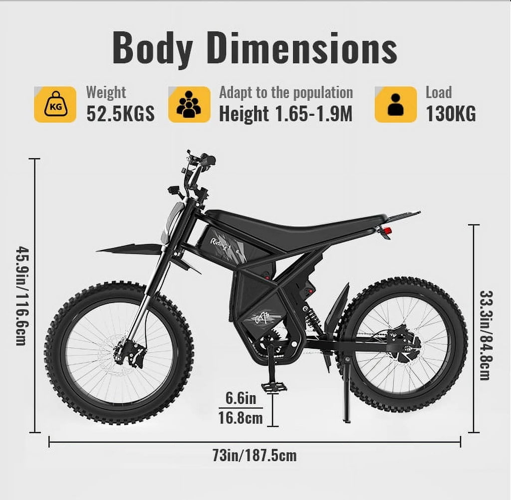 2000W Electric Dirt Bike for Adults Ridingtimes GT73 UL2849, Brushless Hub Motor, 18.2ah*2 Electric Bike with 25" Tires Digital Screen Carbon Steel, Black