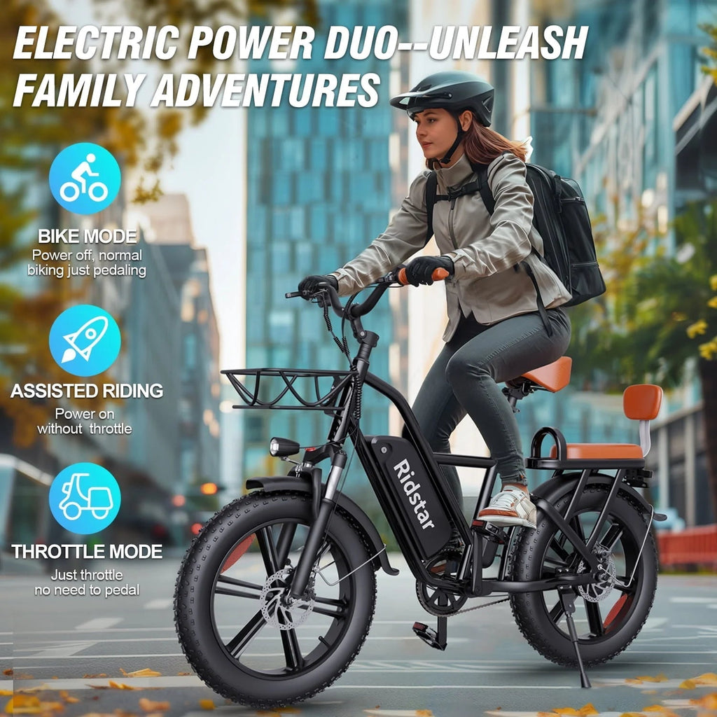 Electric Bike for Adults750W 30-70Miles 48V 15AH Removable Battery Ebike 20" x 4.0 Fat Tire Beach Commuting E-Bike 2 Seater W/Fork Suspension UL2849