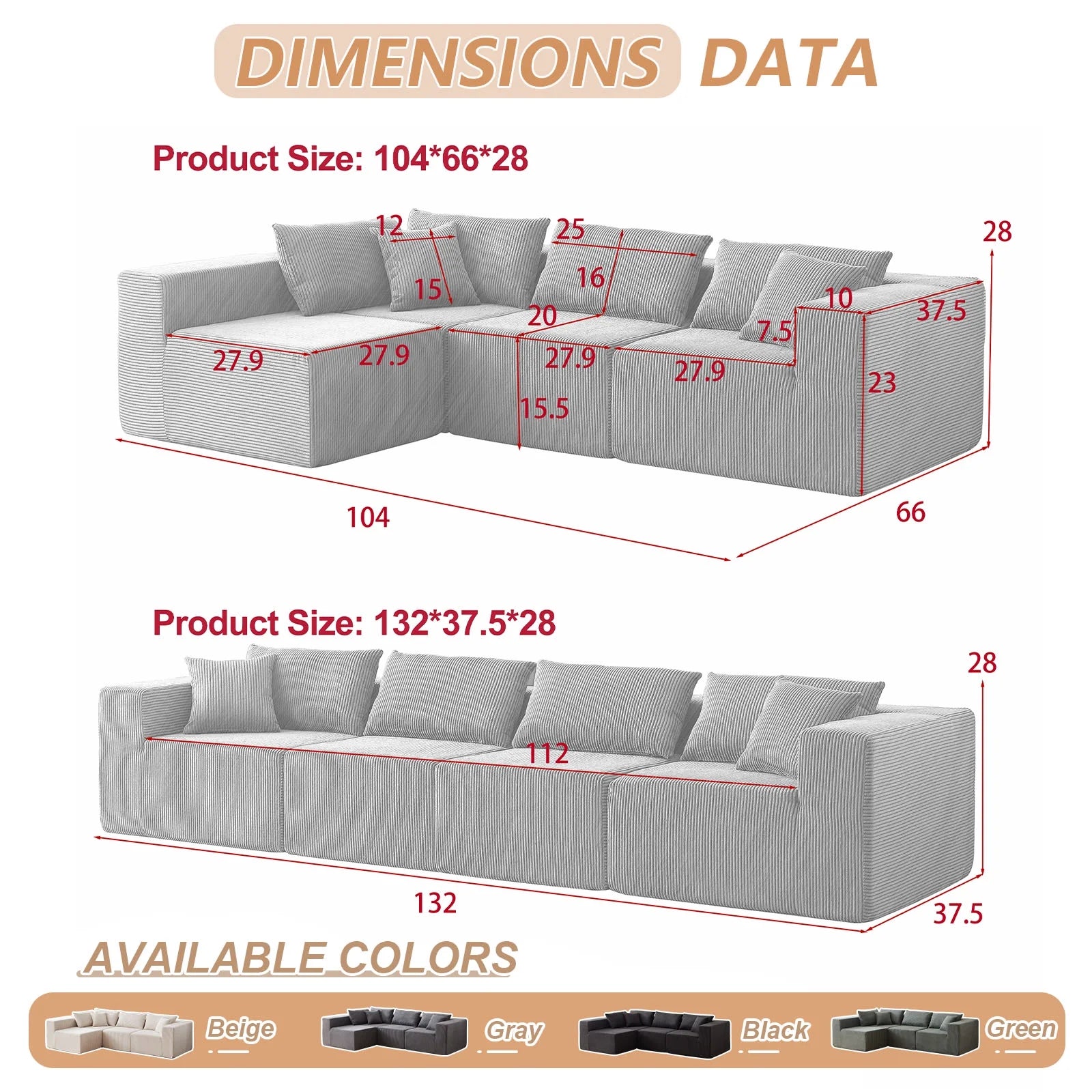 104 - Inch Corduroy Modular L Shaped Sectional Sofa, Luxury Floor Couch Set, Upholstered Indoor Furniture, Foam - Filled Compressed Sofa for Living Room, Bedroom, 4 PC Free Combination ?