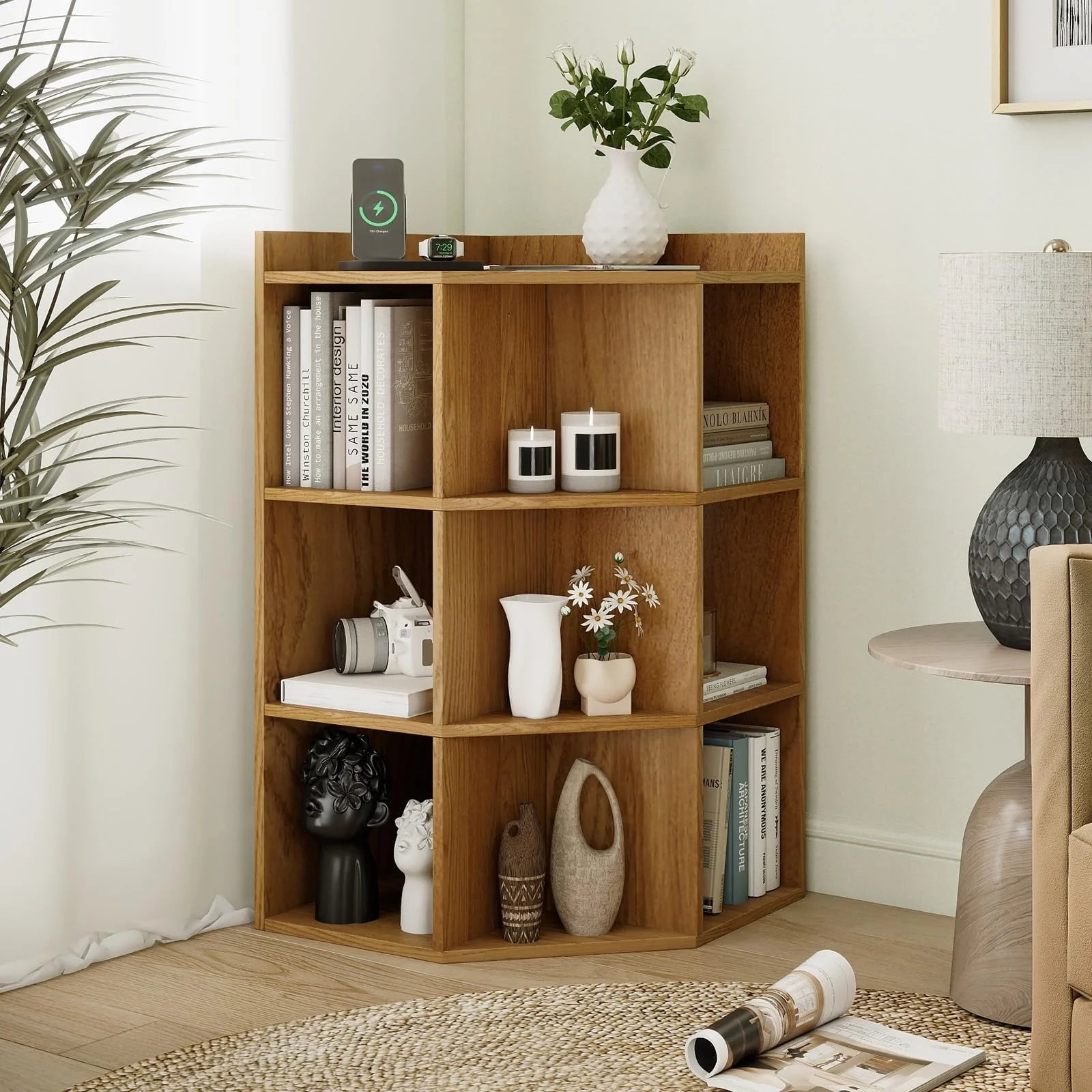 Tangkula 9 Cube Corner Bookshelf with Charging Station