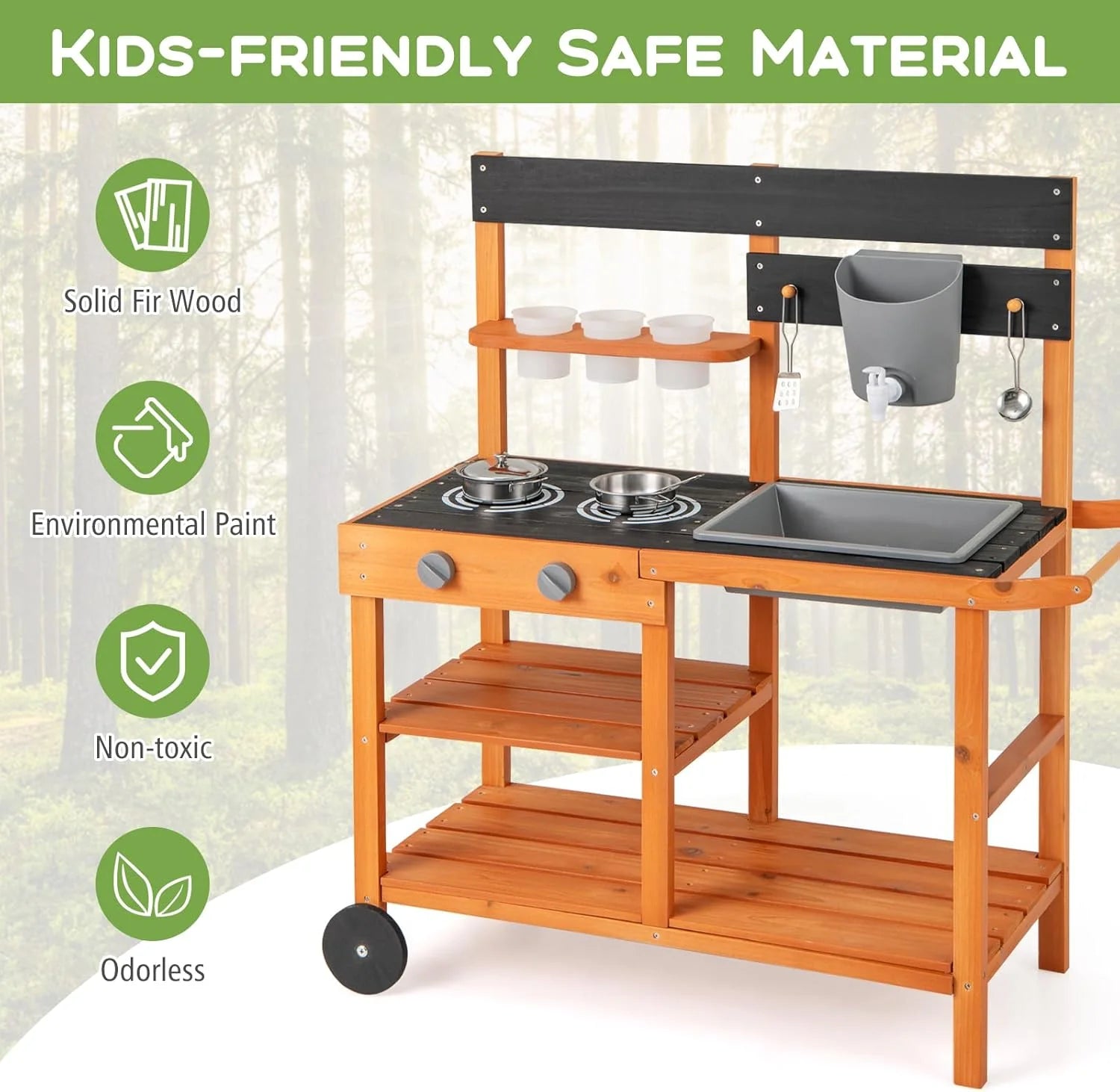 OLAKIDS Mud Kitchen, Outdoor Play Kitchen with Wheels 3 Cups Removable Sink Cooking Accessories Wooden Kids Kitchen Playset Backyard Garden Toys Gift for Boys Girls Ages 3+