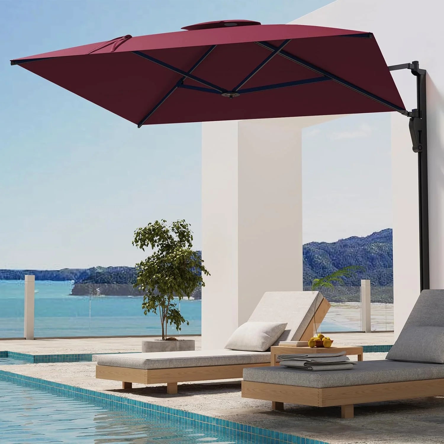 AECOJOY 10ft Cantilever Patio Umbrella, Large Rectangle Umbrella 180° Rotation Offset, Red