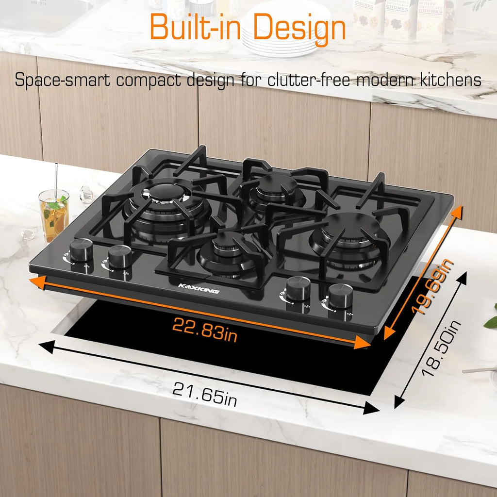 24 in Black Gas Cooktop - Built - in Dual Fuel Natural Gas & Propane Stove - 4 Burner Convertible Cooktop with Thermocouple Protection