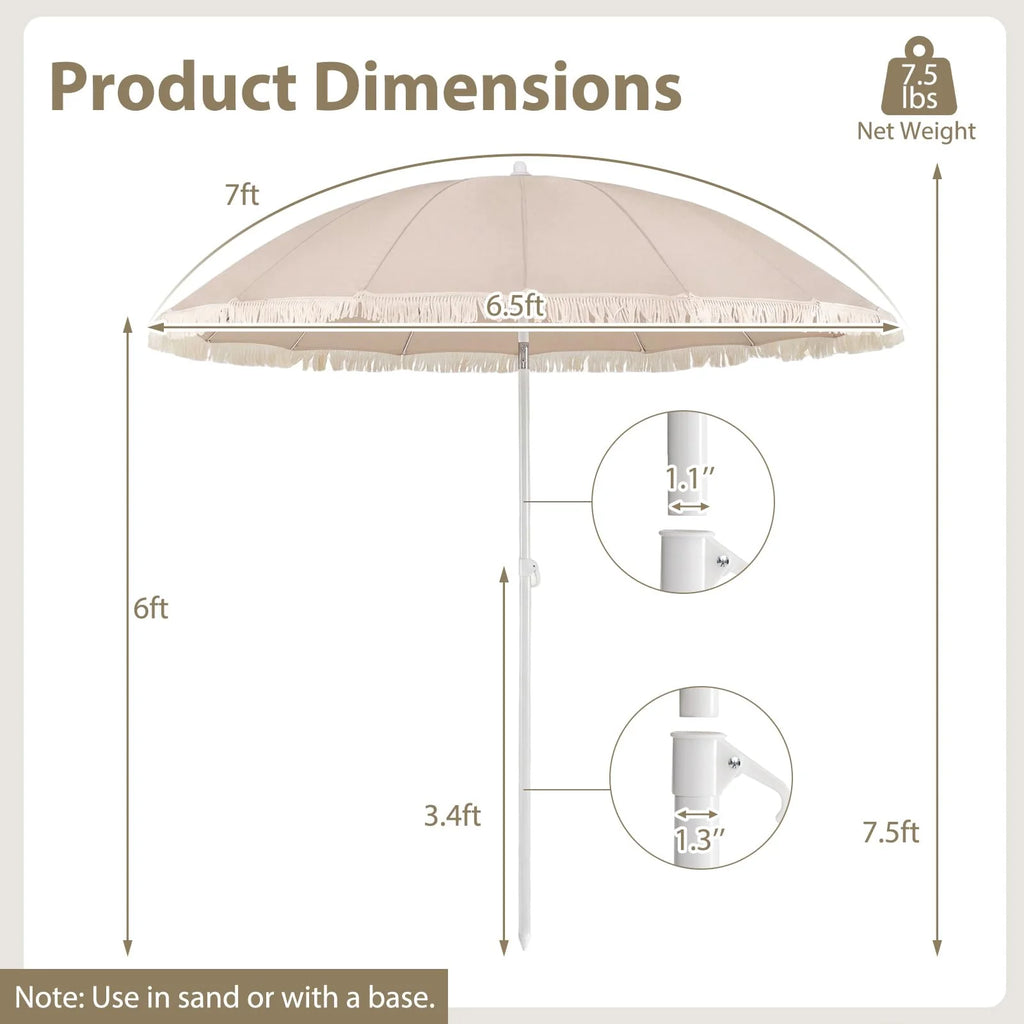 Tangkula 7FT Beach Umbrella with Fringe & Sand Anchor