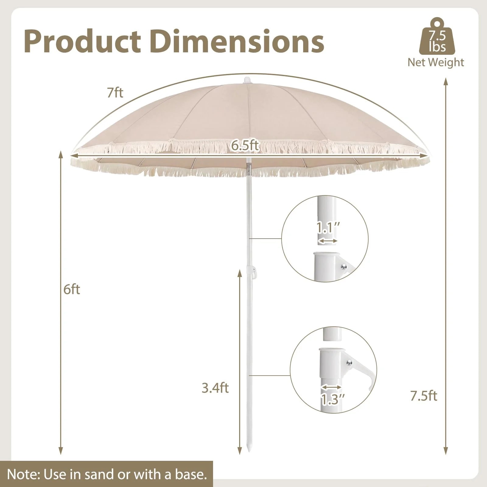 Tangkula 7FT Beach Umbrella with Fringe & Sand Anchor