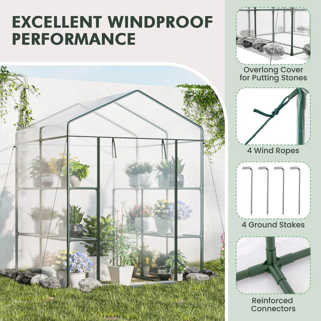 Portable Mini Walk-in Greenhouse with 3 Tiers 8 Shelves, PVC Cover, Roll-Up Zippered Door & Heavy-Duty Metal Frame for Indoor Outdoor Garden Yard