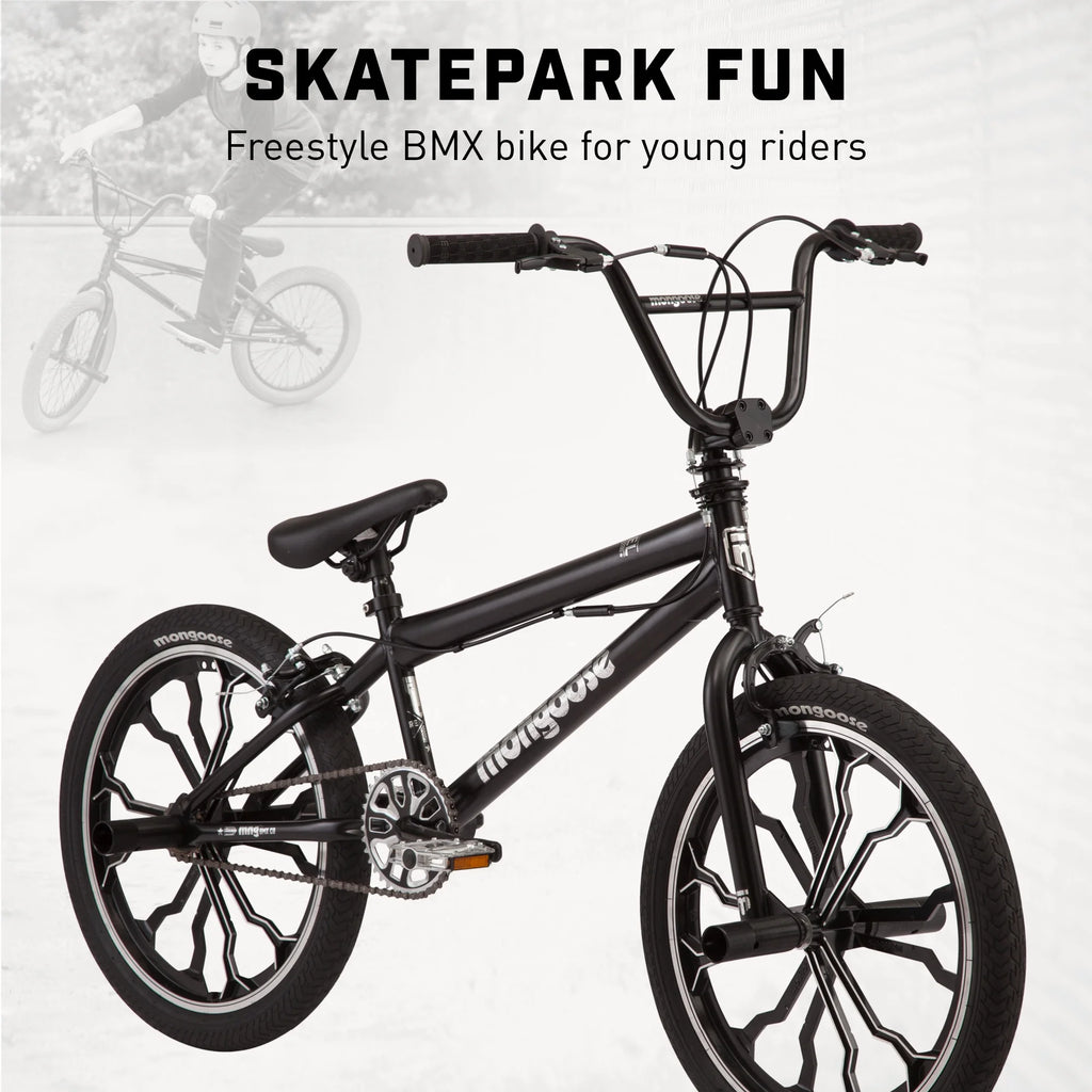 Mongoose Rebel Kids BMX Bike, 20 - In. Wheels, Children & Tweens Ages 7 - 13, Black Bicycle