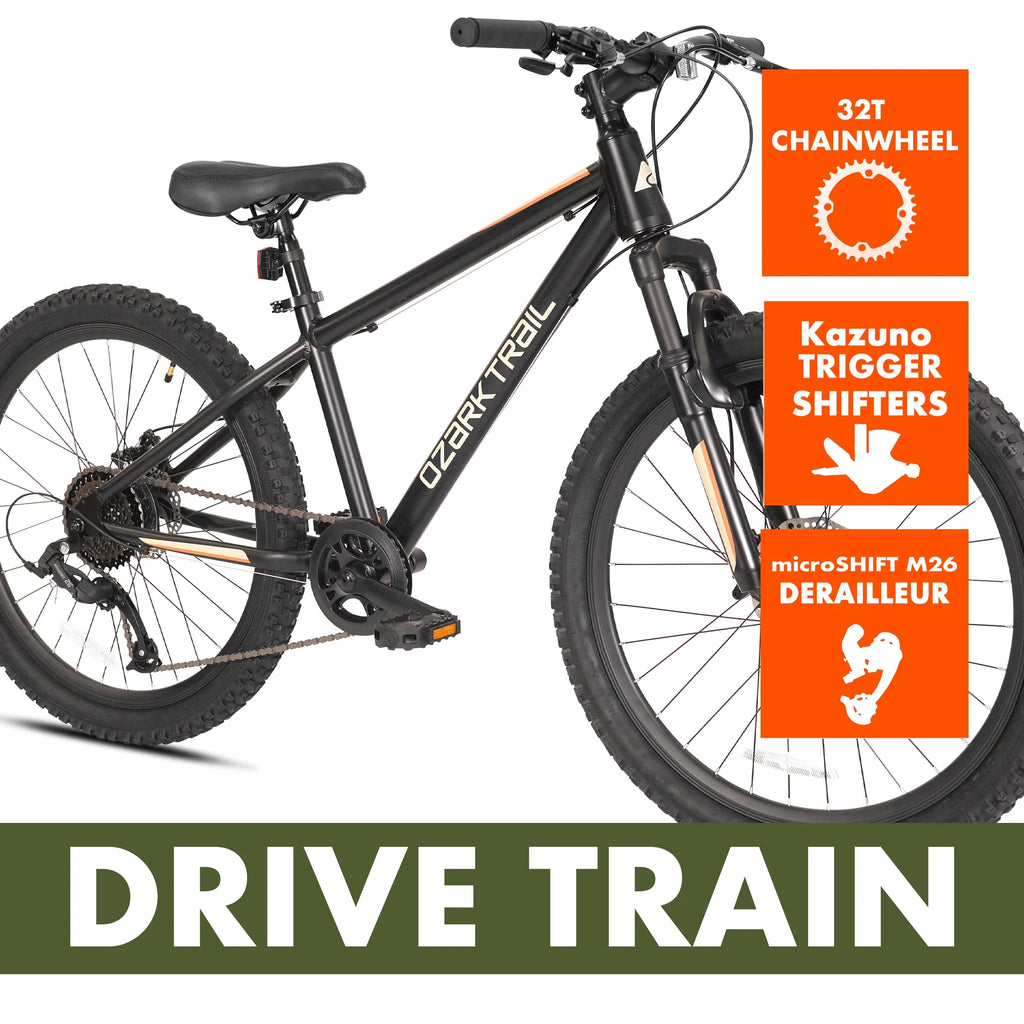 24" Ozark Trail Vibe Mountain Bicycle, 8 Speed, Black, Fits Riders 4'6" - 5'6", Teen