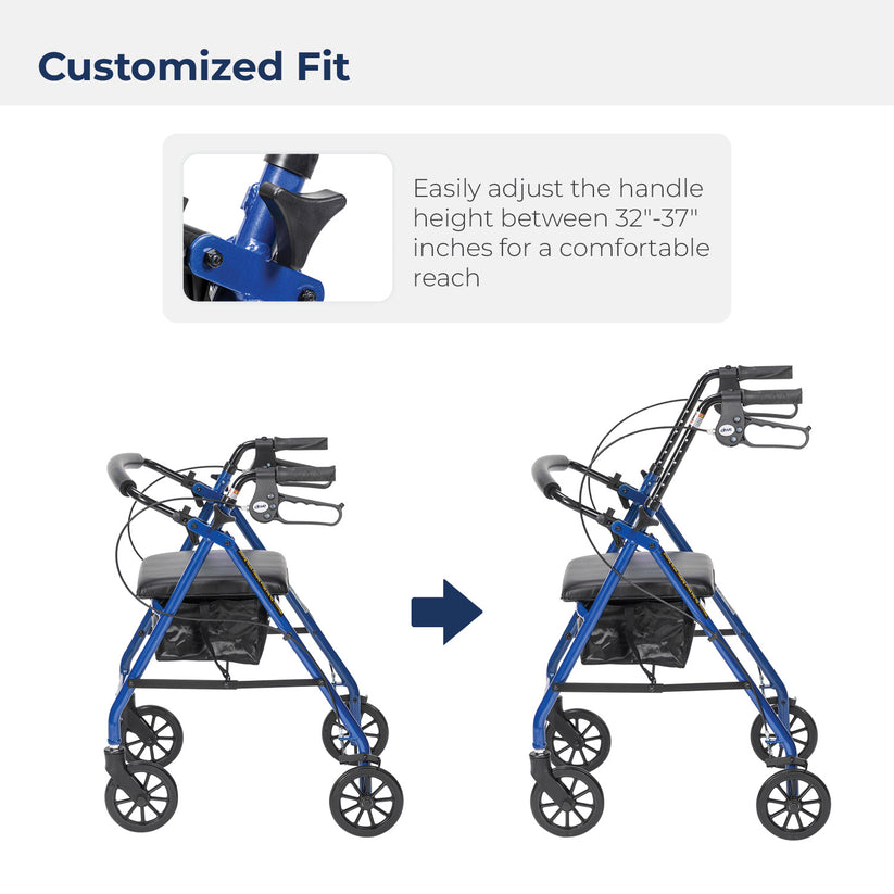 Drive Medical 4-Wheel Rollator Walker, Foldable, Padded Seat & Backrest, 6-Inch Wheels, Blue