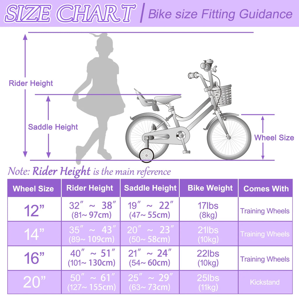 XJD Girls Bike for Toddlers and Kids Ages 2 - 12 Years Old, 12 14 16 in Kids Bike with Training Wheels & Basket, 20 in Girls Bicycle with Handbrake & Kickstand